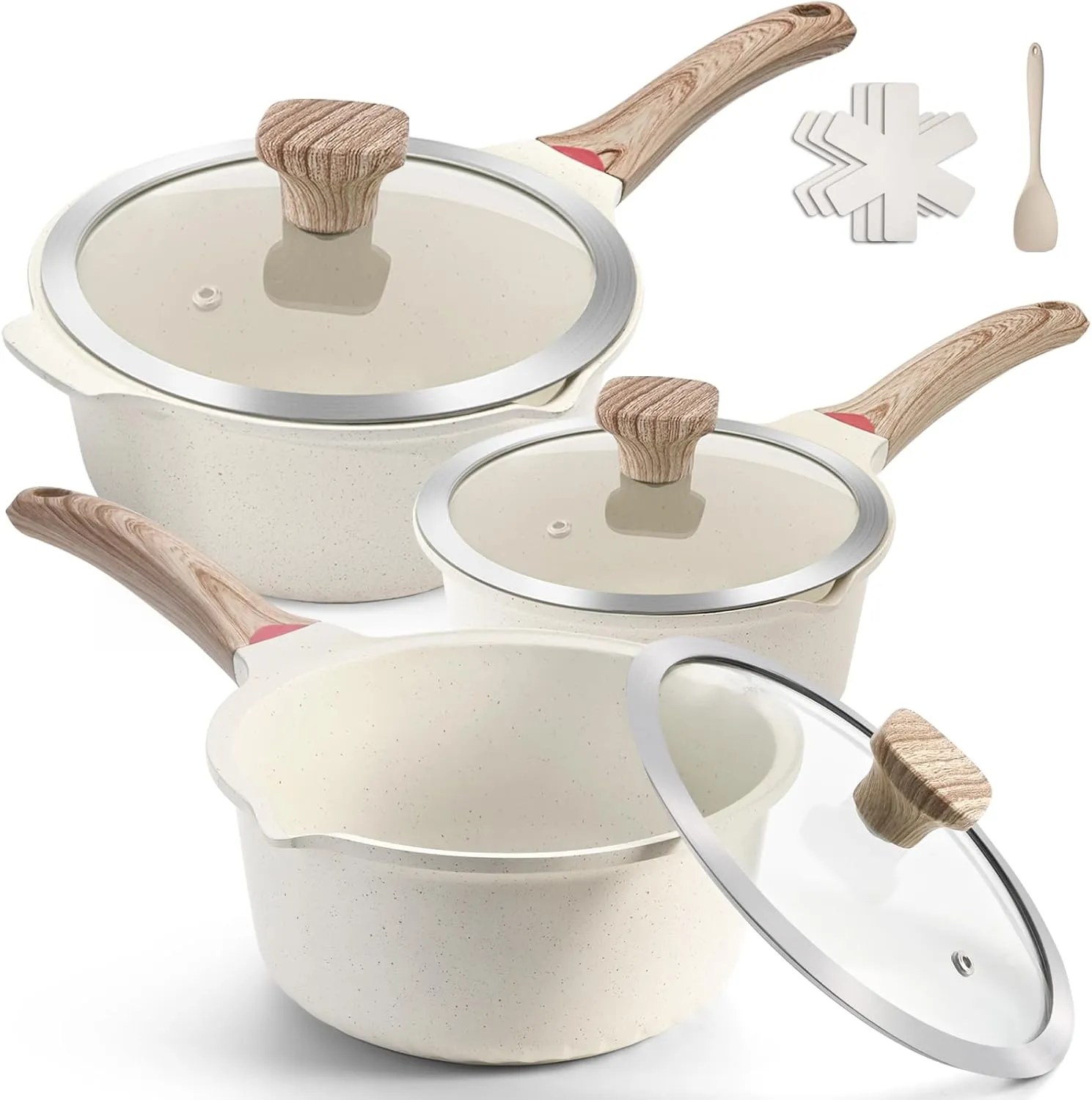 VINCHEF Sauce Pan Set with Lid 10PCS, 3 White Non Stick Cooking Pots Induction pot sets, Saucepan Set with Silicone Tools and Pot Protectors, PFAS and PFOA Free (2QT 3QT 4QT)