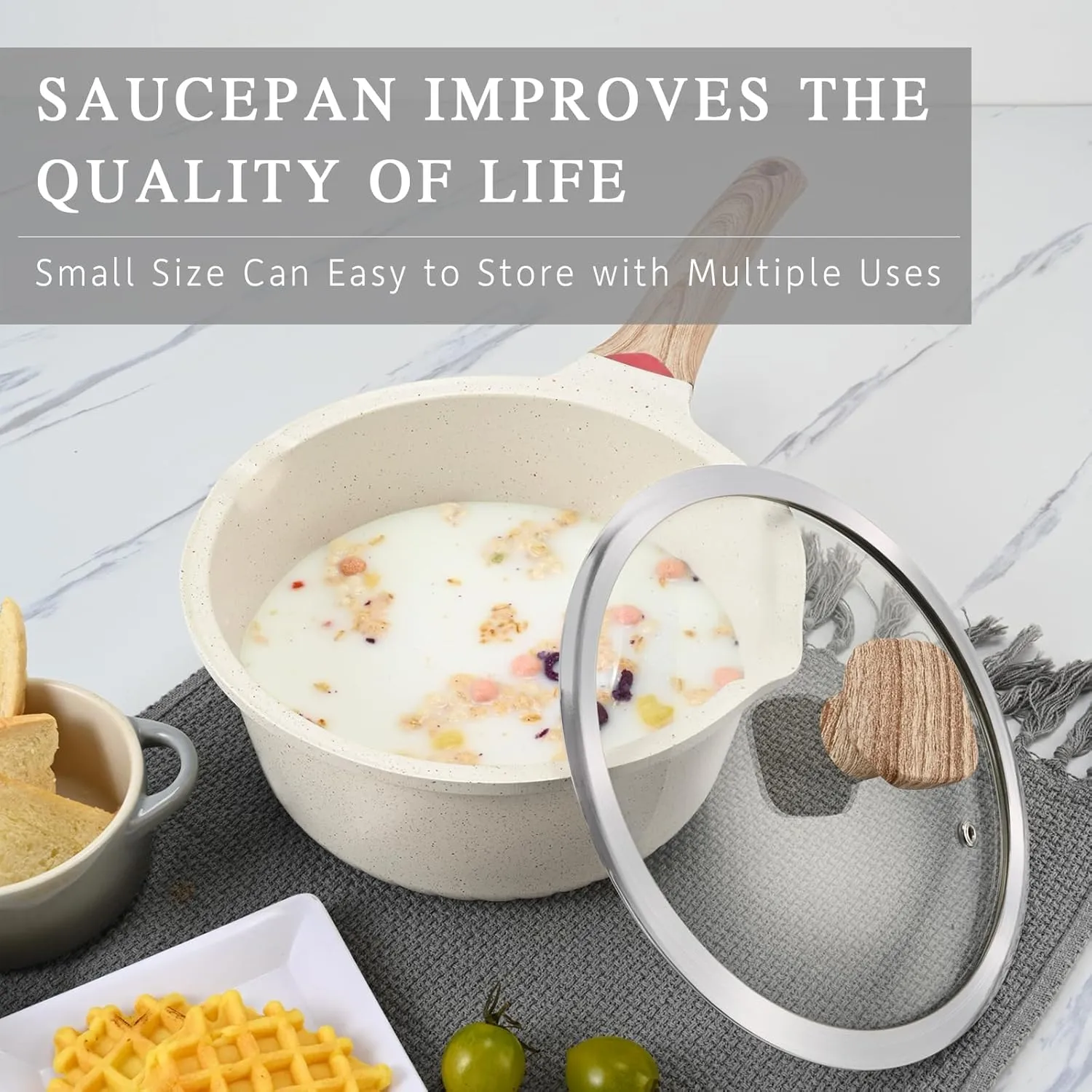 VINCHEF Sauce Pan Set with Lid 10PCS, 3 White Non Stick Cooking Pots Induction pot sets, Saucepan Set with Silicone Tools and Pot Protectors, PFAS and PFOA Free (2QT 3QT 4QT)