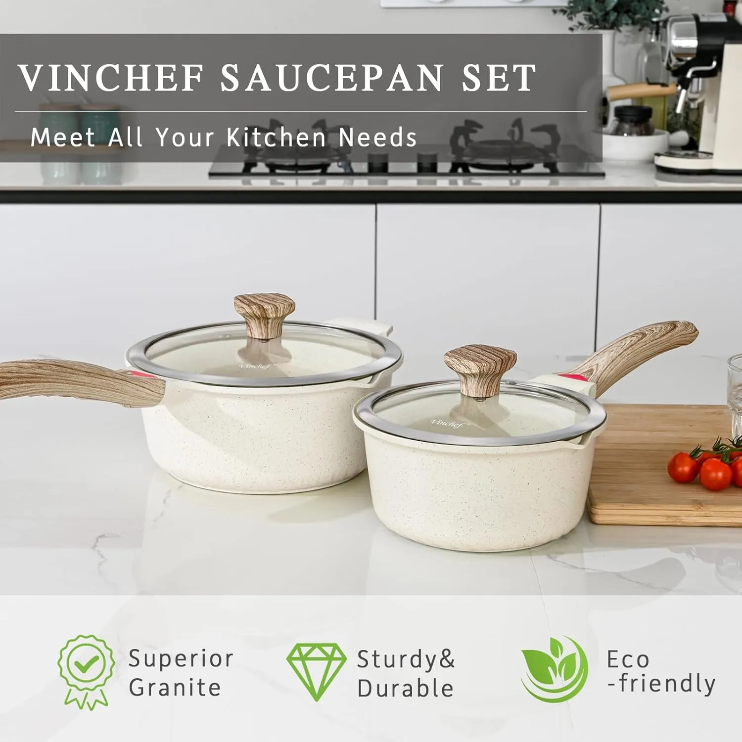 VINCHEF Sauce Pan Set with Lid 10PCS, 3 White Non Stick Cooking Pots Induction pot sets, Saucepan Set with Silicone Tools and Pot Protectors, PFAS and PFOA Free (2QT 3QT 4QT)