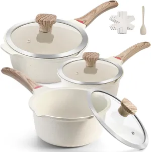 VINCHEF Sauce Pan Set with Lid 10PCS, 3 White Non Stick Cooking Pots Induction pot sets, Saucepan Set with Silicone Tools and Pot Protectors, PFAS and PFOA Free (2QT 3QT 4QT)