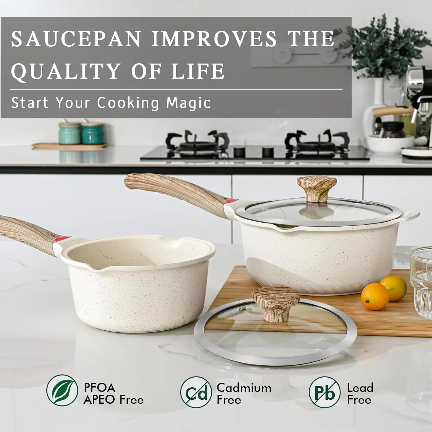VINCHEF Sauce Pan Set with Lid 10PCS, 3 White Non Stick Cooking Pots Induction pot sets, Saucepan Set with Silicone Tools and Pot Protectors, PFAS and PFOA Free (2QT 3QT 4QT)