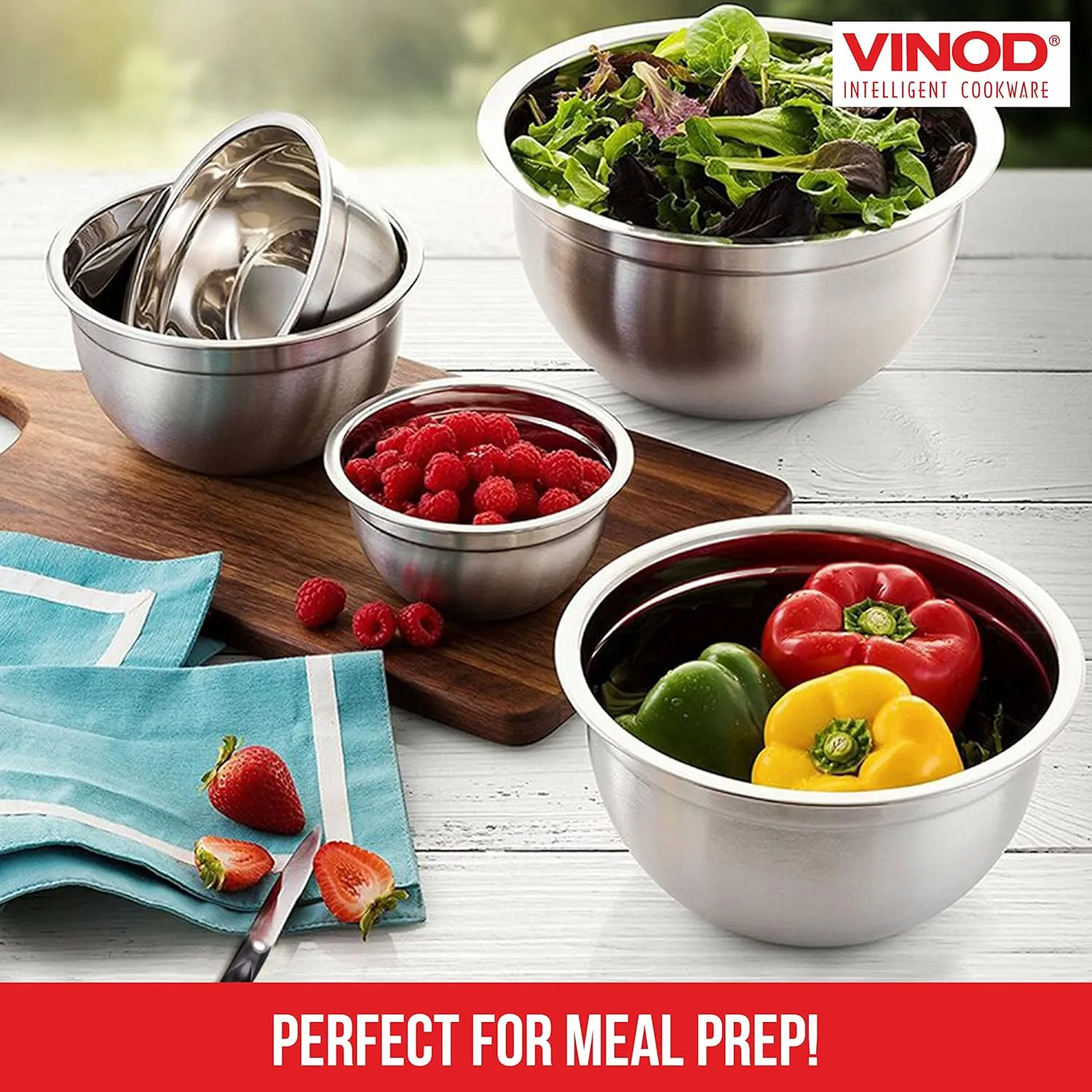 Vinod Cookware Stainless Steel Mixing Bowls with Lids - Heavy Duty Flat Bottom Stackable Mixing Bowl Set - Bowl for Meal Prep, Cooking, Mixing & Serve - Space Saving & Easy Clean - Set of 5