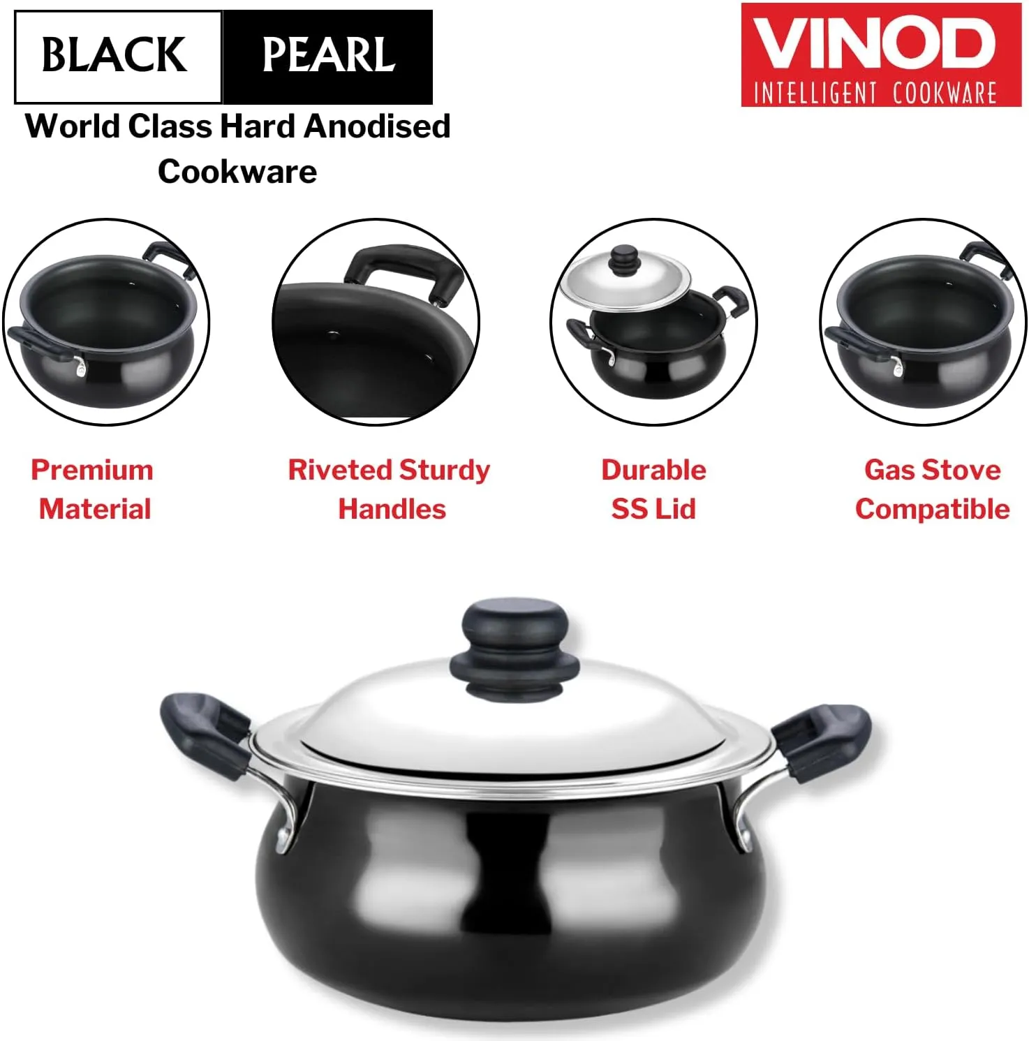 Vinod Hard Anodized Handi – Stainless Steel Lid – Small Size – 3.8 Liters (4 Quarts) – Suitable For Biryani, Pulao, Gravies – Aluminium Pot – Riveted Handles – Non-Reactive - Metal Spoon Friendly
