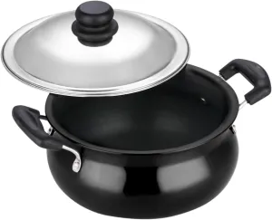 Vinod Hard Anodized Handi – Stainless Steel Lid – Small Size – 3.8 Liters (4 Quarts) – Suitable For Biryani, Pulao, Gravies – Aluminium Pot – Riveted Handles – Non-Reactive - Metal Spoon Friendly