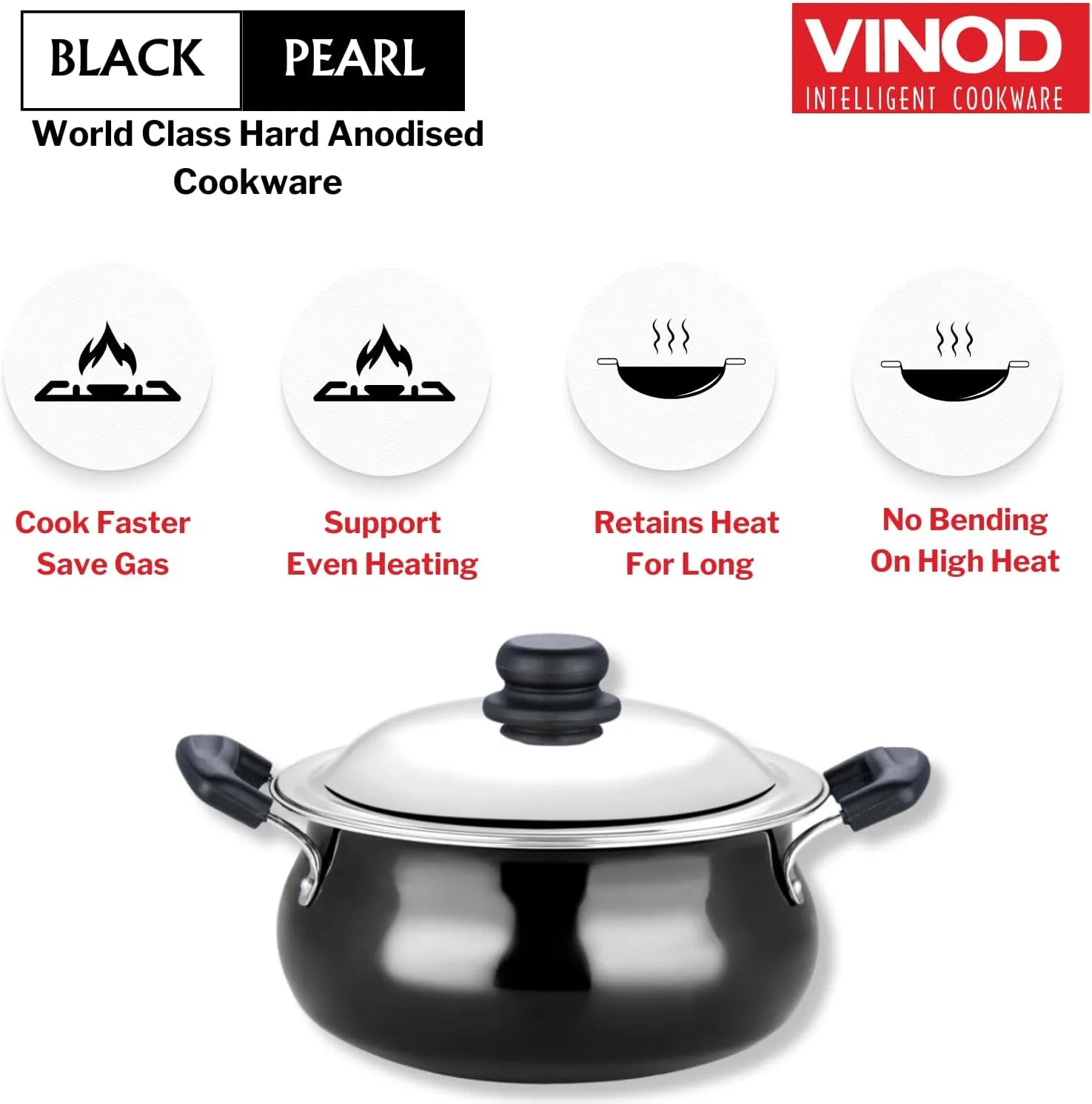 Vinod Hard Anodized Handi – Stainless Steel Lid – Small Size – 3.8 Liters (4 Quarts) – Suitable For Biryani, Pulao, Gravies – Aluminium Pot – Riveted Handles – Non-Reactive - Metal Spoon Friendly
