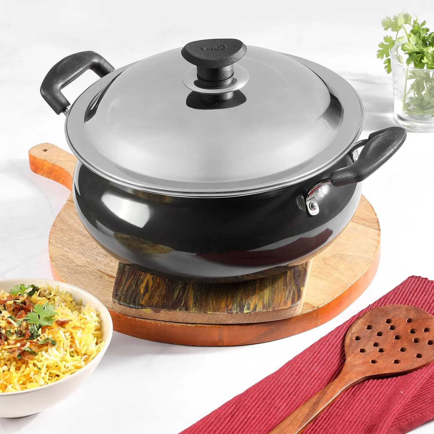 Vinod Hard Anodized Handi – Stainless Steel Lid – Small Size – 3.8 Liters (4 Quarts) – Suitable For Biryani, Pulao, Gravies – Aluminium Pot – Riveted Handles – Non-Reactive - Metal Spoon Friendly