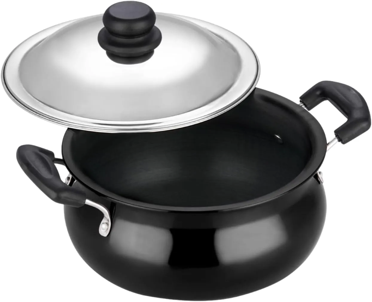 Vinod Hard Anodized Handi – Stainless Steel Lid – Small Size – 3.8 Liters (4 Quarts) – Suitable For Biryani, Pulao, Gravies – Aluminium Pot – Riveted Handles – Non-Reactive - Metal Spoon Friendly