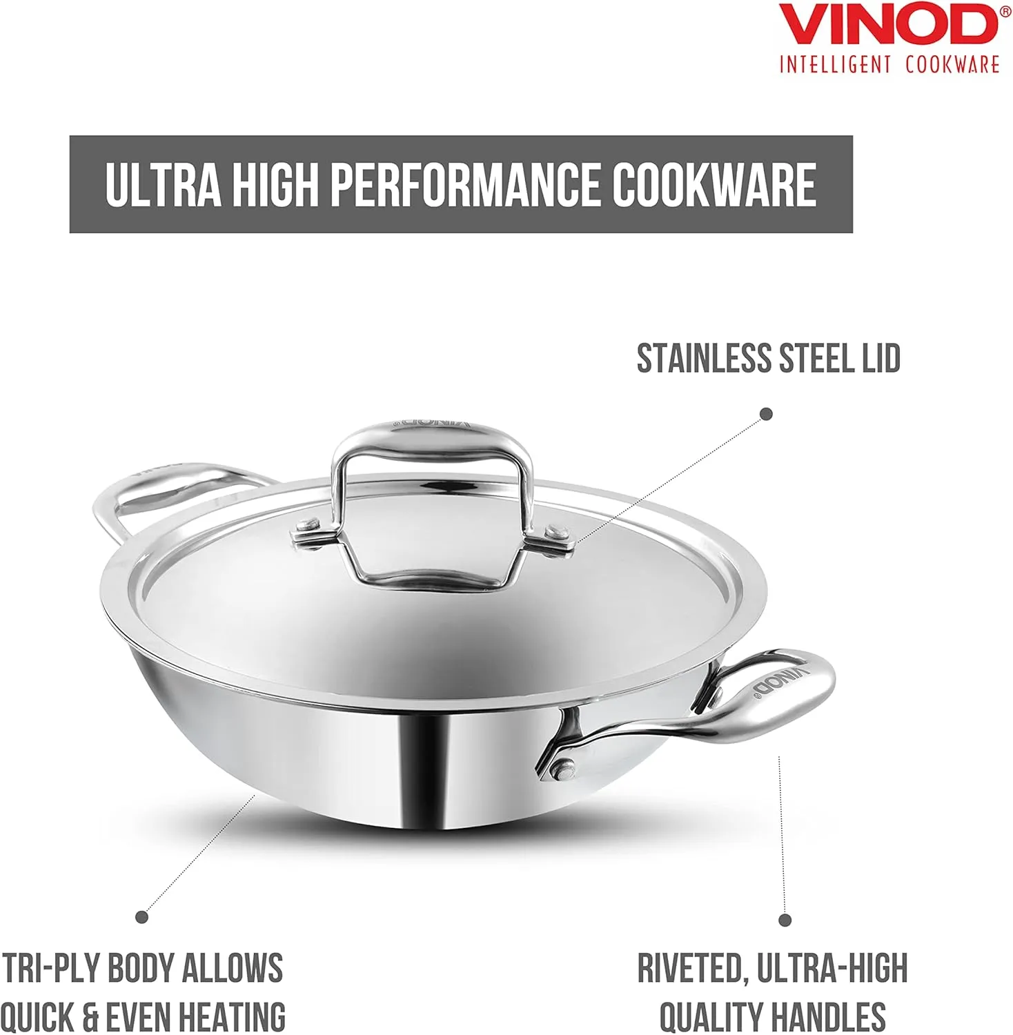 Vinod Platinum Triply Stainless Steel Kadai | Suitable For Indian Cooking, Sauces, Stews, Soups | Extra Deep Kadai With Lid | Induction, Electric Friendly (30cm)