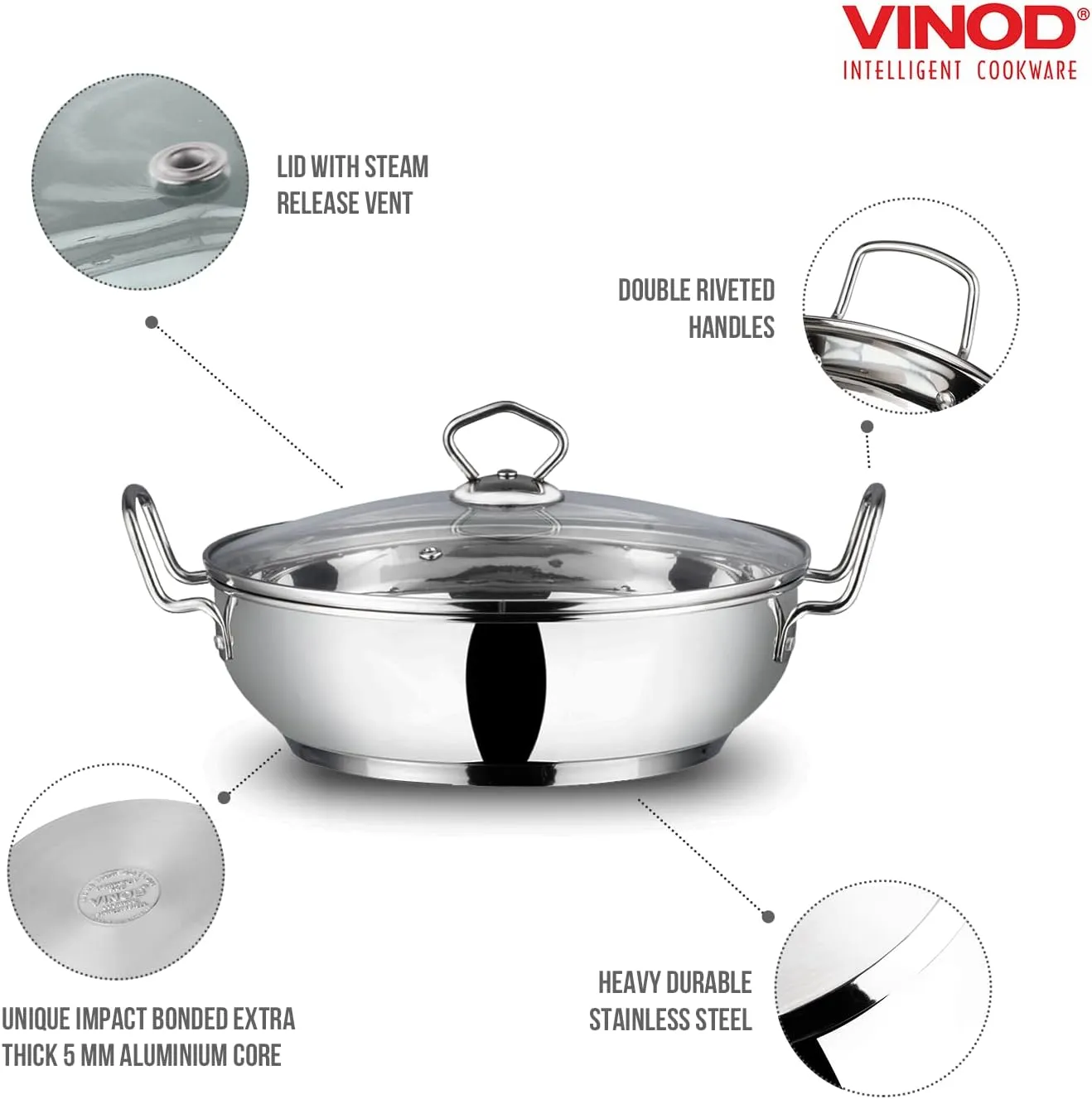Vinod Stainless Steel Kadhai with Glass lid - Induction Friendly (18 cm/ 7 inch) – 1.5 Liters(1.7 Quarts) – 6 Cups - Small Size - Multi-Use Pot – Suitable For Indian Cooking, Sauce, Deep Fry, Stew