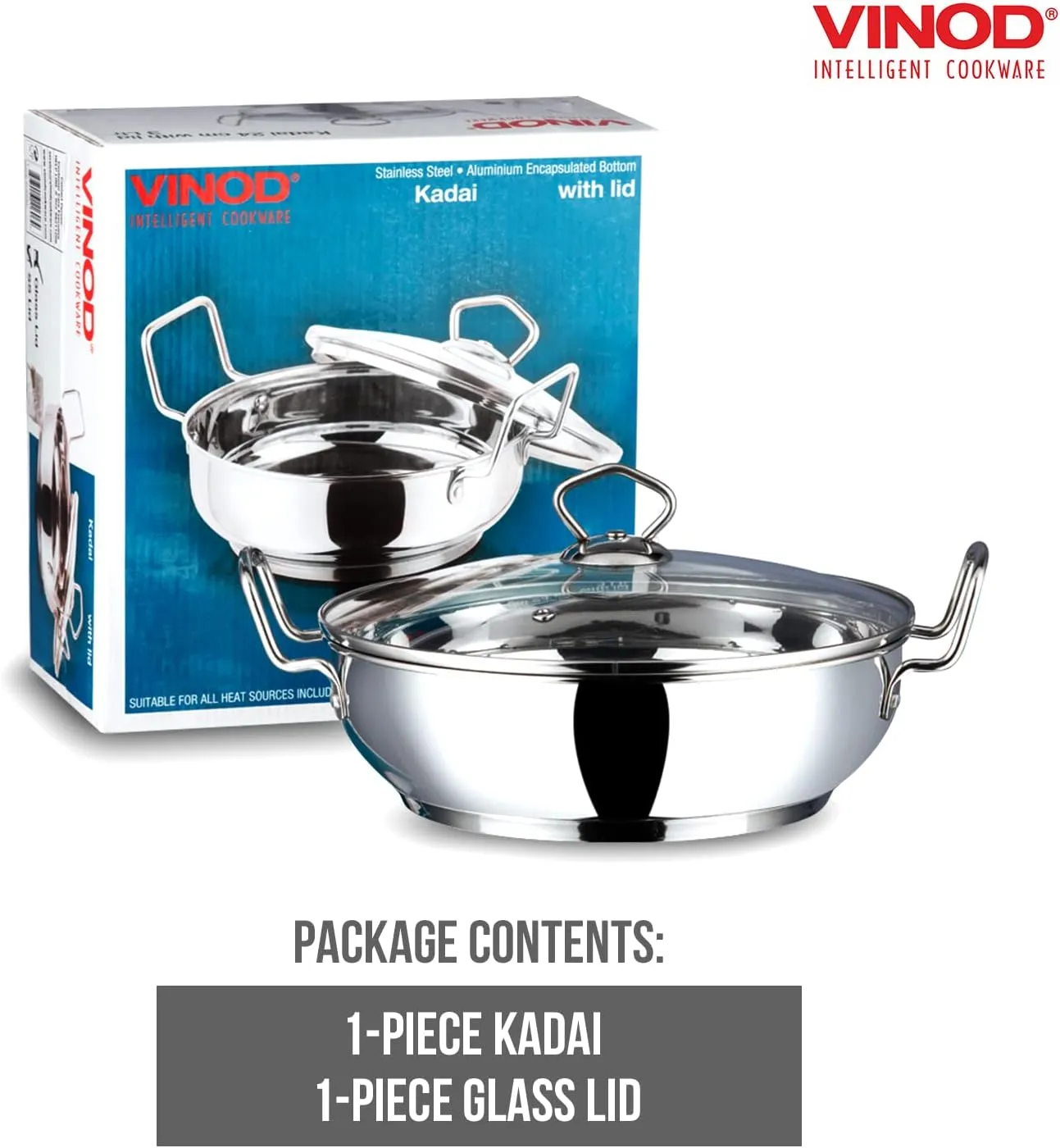 Vinod Stainless Steel Kadhai with Glass lid - Induction Friendly (18 cm/ 7 inch) – 1.5 Liters(1.7 Quarts) – 6 Cups - Small Size - Multi-Use Pot – Suitable For Indian Cooking, Sauce, Deep Fry, Stew