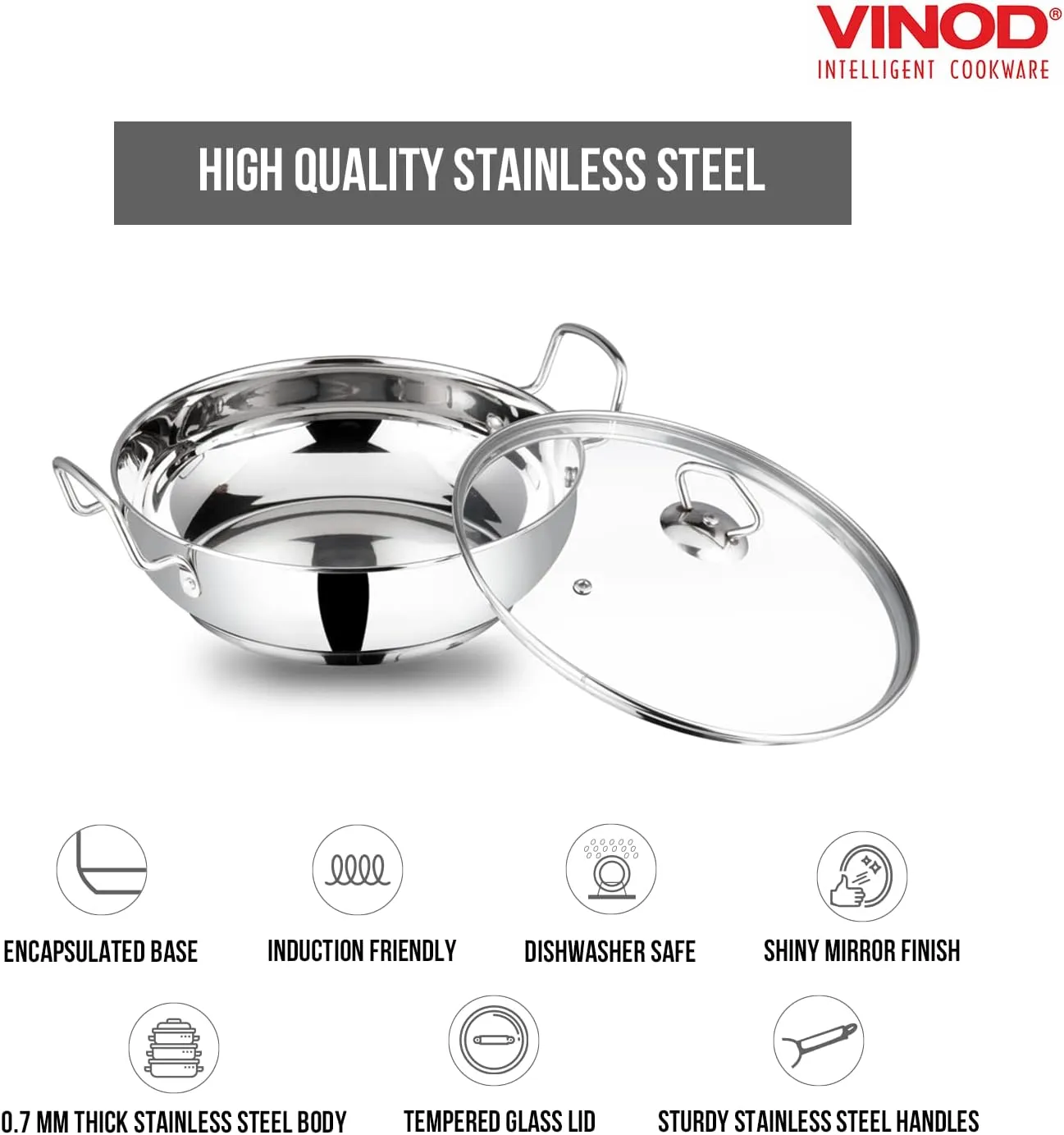 Vinod Stainless Steel Kadhai with Glass lid - Induction Friendly (18 cm/ 7 inch) – 1.5 Liters(1.7 Quarts) – 6 Cups - Small Size - Multi-Use Pot – Suitable For Indian Cooking, Sauce, Deep Fry, Stew