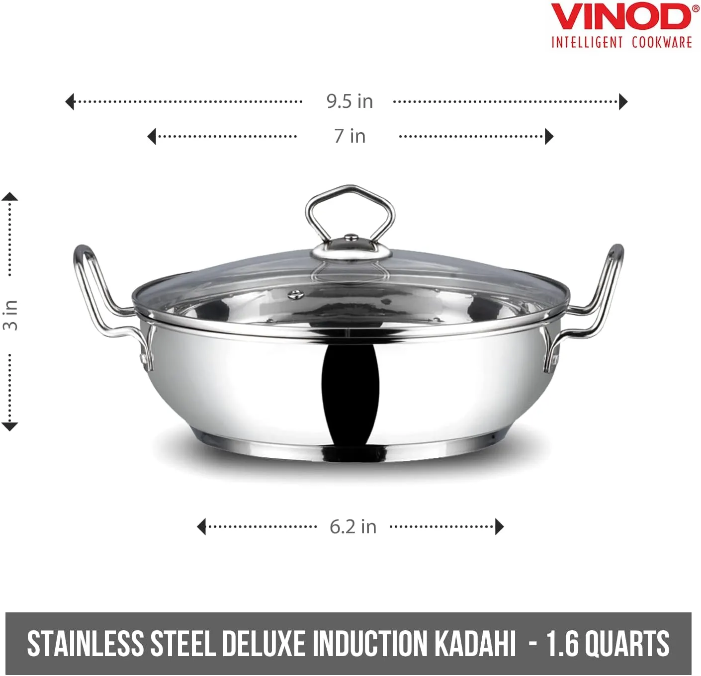 Vinod Stainless Steel Kadhai with Glass lid - Induction Friendly (18 cm/ 7 inch) – 1.5 Liters(1.7 Quarts) – 6 Cups - Small Size - Multi-Use Pot – Suitable For Indian Cooking, Sauce, Deep Fry, Stew