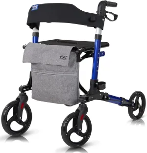 Vive Mobility Rollator Walker - Folding 4 Wheel Medical Rolling Walker with Seat & Bag - Mobility Aid for Adult, Senior, Elderly & Handicap - Aluminum Transport Chair (Blue)