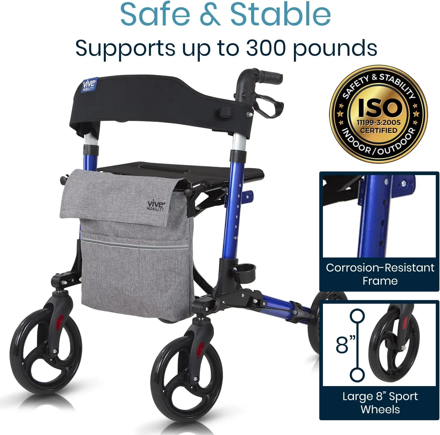 Vive Mobility Rollator Walker - Folding 4 Wheel Medical Rolling Walker with Seat & Bag - Mobility Aid for Adult, Senior, Elderly & Handicap - Aluminum Transport Chair (Blue)
