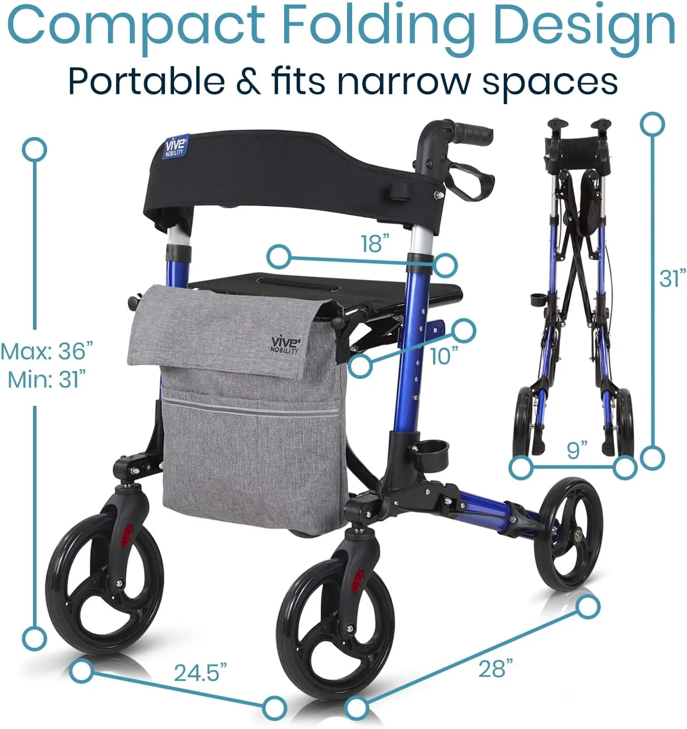 Vive Mobility Rollator Walker - Folding 4 Wheel Medical Rolling Walker with Seat & Bag - Mobility Aid for Adult, Senior, Elderly & Handicap - Aluminum Transport Chair (Blue)