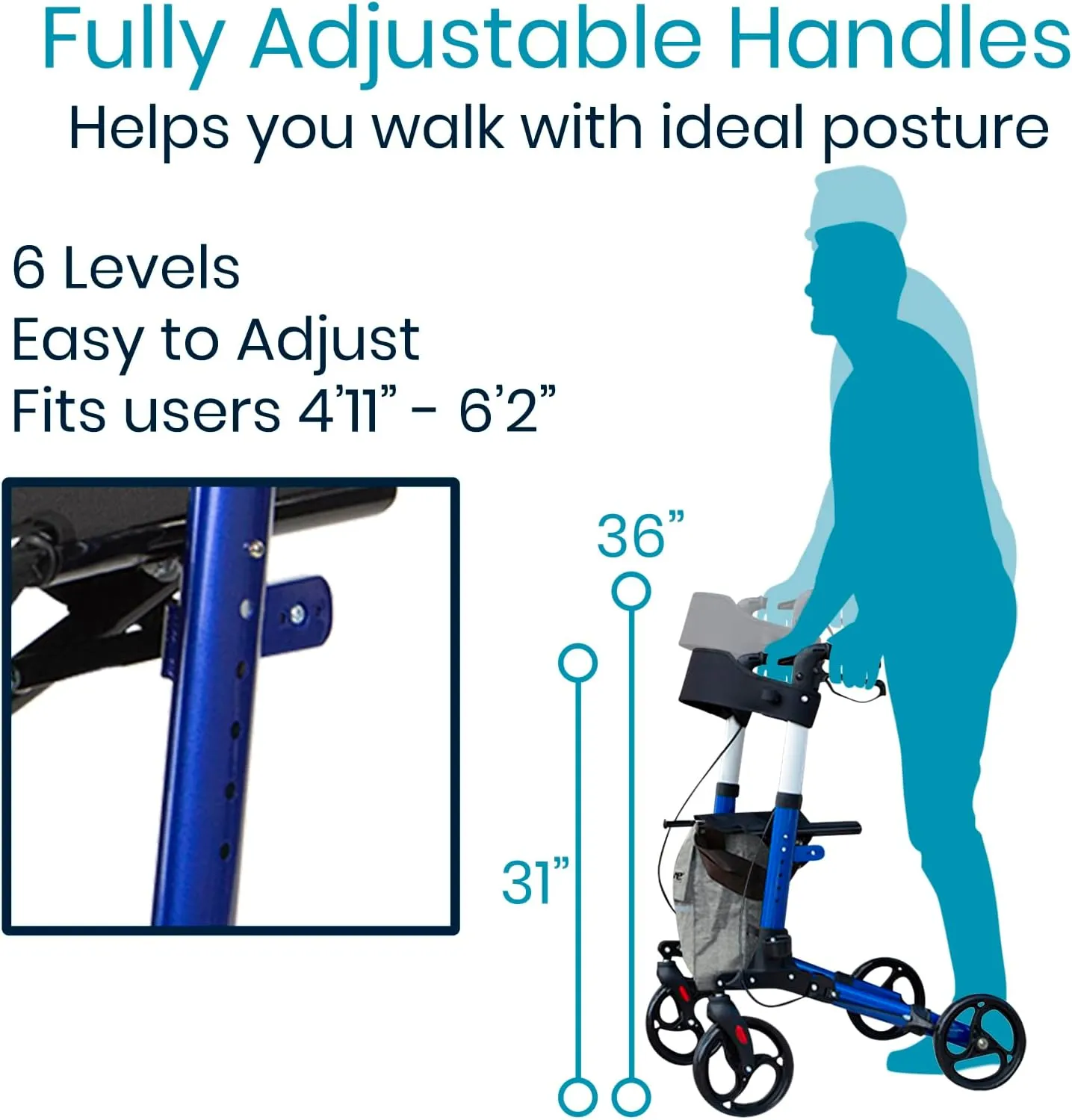 Vive Mobility Rollator Walker - Folding 4 Wheel Medical Rolling Walker with Seat & Bag - Mobility Aid for Adult, Senior, Elderly & Handicap - Aluminum Transport Chair (Blue)