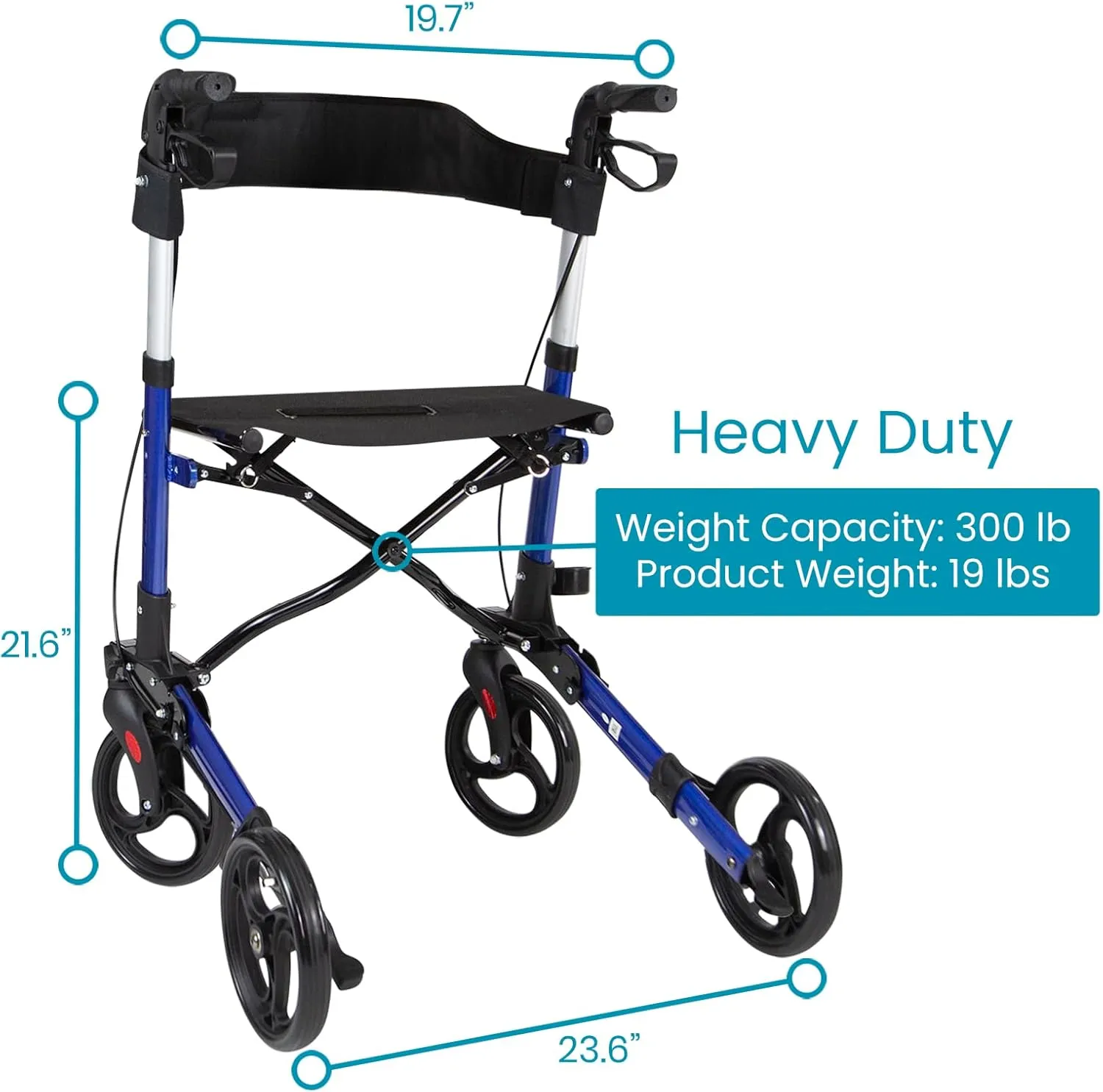 Vive Mobility Rollator Walker - Folding 4 Wheel Medical Rolling Walker with Seat & Bag - Mobility Aid for Adult, Senior, Elderly & Handicap - Aluminum Transport Chair (Blue)