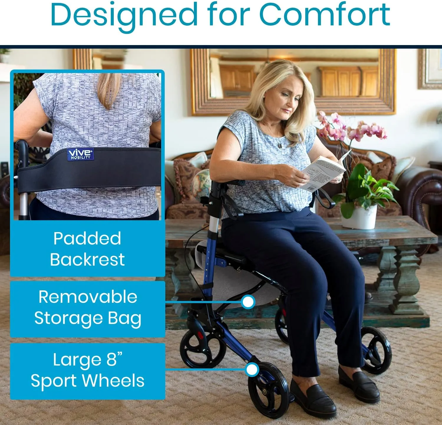 Vive Mobility Rollator Walker - Folding 4 Wheel Medical Rolling Walker with Seat & Bag - Mobility Aid for Adult, Senior, Elderly & Handicap - Aluminum Transport Chair (Blue)