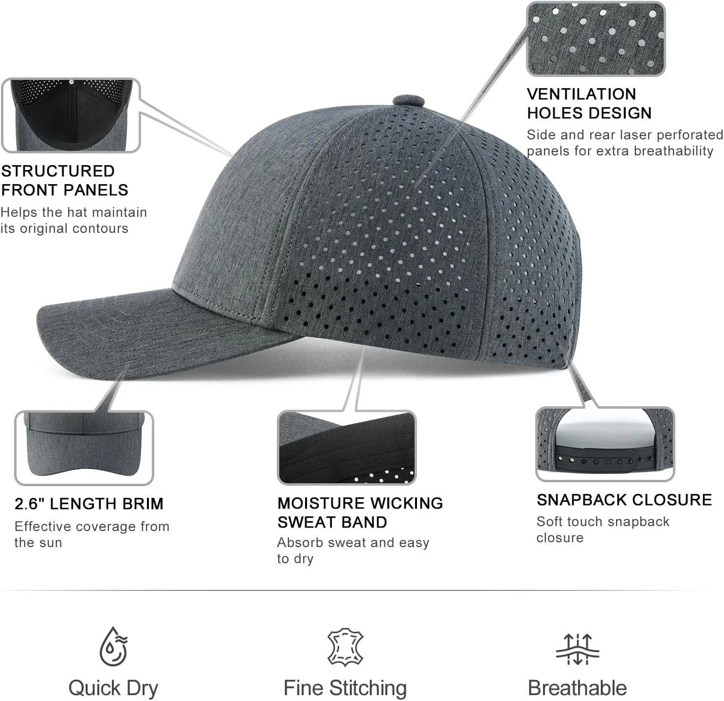 VOBOOM Men Snapback Trucker Hat, Baseball Cap for Breathable Side Laser Cut Holes