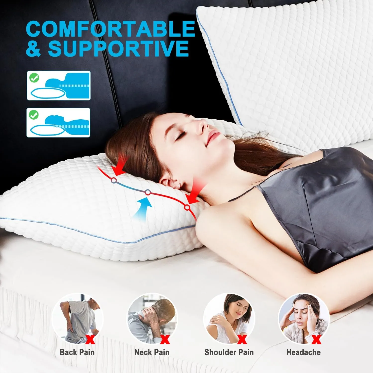 VVZ Cooling Bed Pillows Queen Size Set of 2, Shredded Memory Foam Pillows for Side Back Stomach Sleepers, Luxury Cool Gel Adjustable Firm Bed Pillows for Sleeping 2 Pack Queen Size 20 x 30 Inches