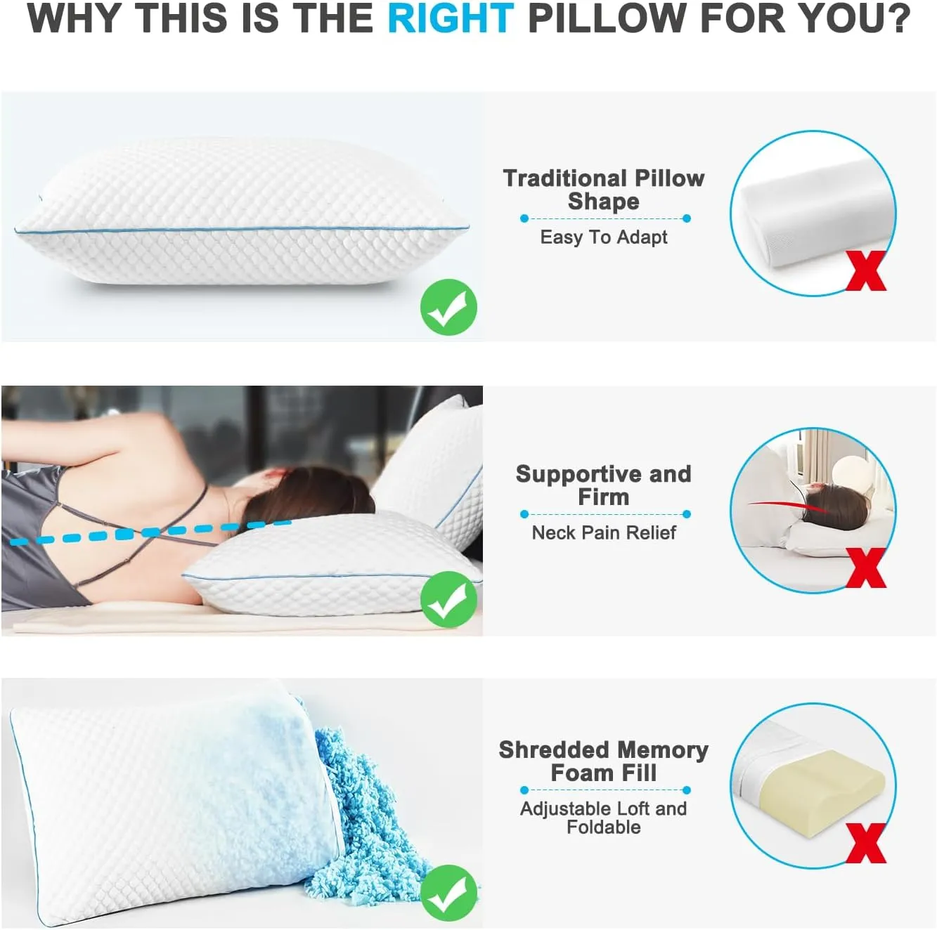 VVZ Cooling Bed Pillows Queen Size Set of 2, Shredded Memory Foam Pillows for Side Back Stomach Sleepers, Luxury Cool Gel Adjustable Firm Bed Pillows for Sleeping 2 Pack Queen Size 20 x 30 Inches