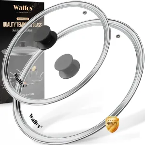 Walfos Tempered Glass Lid for 10.5 Inch and 12 Inch Cookware (2PCS) - Clear Frying Pan Lid Sets, Cooking Pot Lid with Heat Resistant Silicone Handle, Fits Pots, Pans and Skillets, Dishwasher-Safe