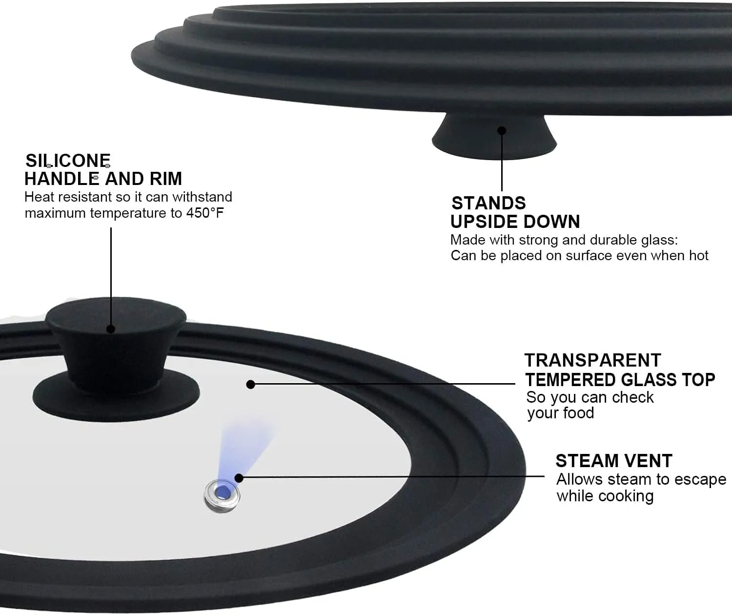Walfos Universal Lids for Pots, Pans and Skillets - Tempered Glass with Heat Resistant Silicone Rim, Fits 6.5", 7" and 8" Diameter, 9.5", 10" and 11" Diameter Cookware（2PK）