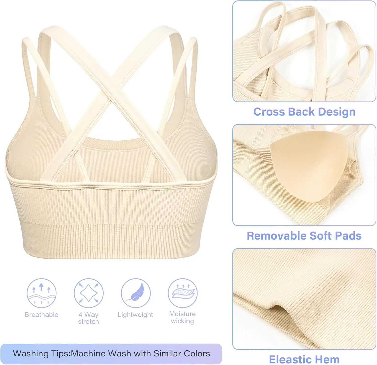 WANAYOU Sports Bras for Women High Support Ribbed Strappy Running Sports Bra Criss Cross Back Workout Bra Padded 3 Pack
