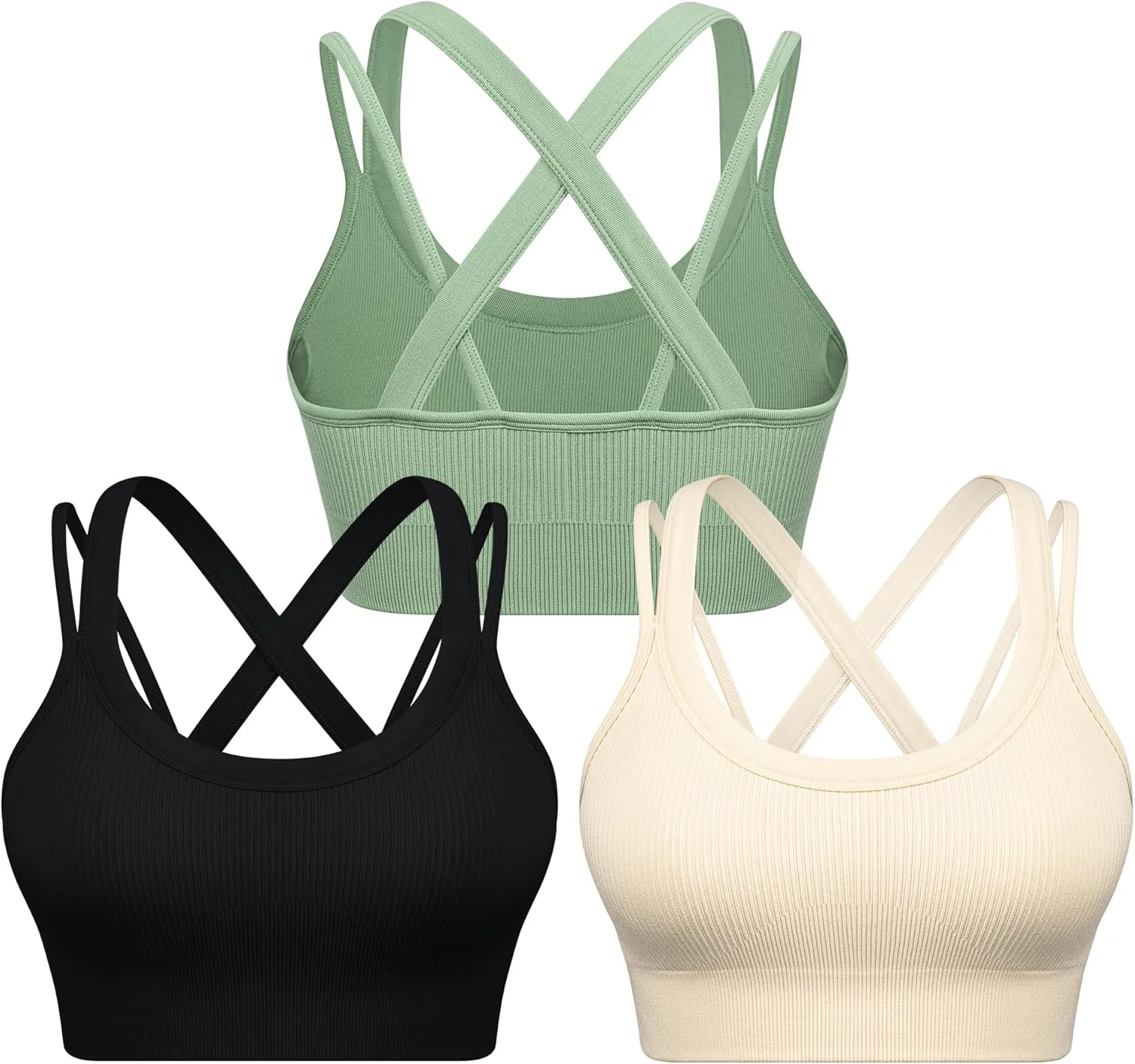 WANAYOU Sports Bras for Women High Support Ribbed Strappy Running Sports Bra Criss Cross Back Workout Bra Padded 3 Pack
