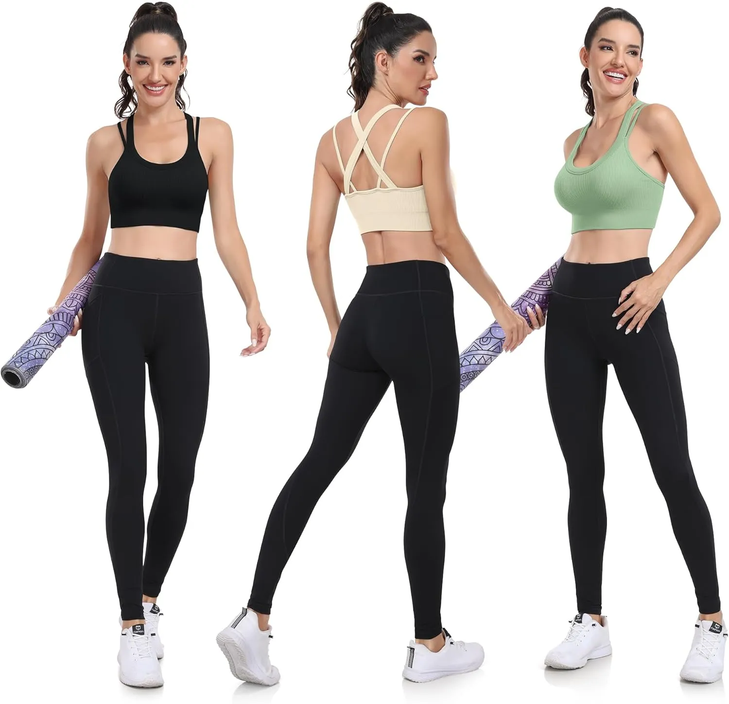 WANAYOU Sports Bras for Women High Support Ribbed Strappy Running Sports Bra Criss Cross Back Workout Bra Padded 3 Pack