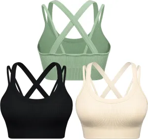 WANAYOU Sports Bras for Women High Support Ribbed Strappy Running Sports Bra Criss Cross Back Workout Bra Padded 3 Pack
