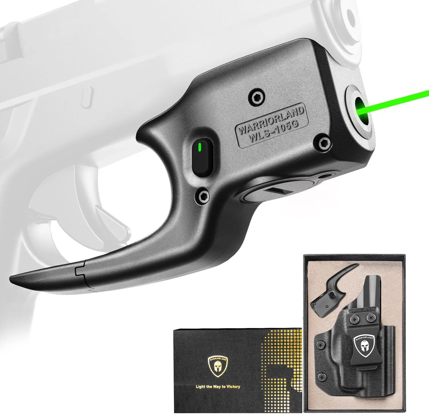 WARRIORLAND Green Laser Sight Fit Glock 43/G43X (No Rail Version) with Kydex Holster, First Green Beam Sight with Power Indicator, Glock 43 Laser IWB Holster Right Hand, WLS-105G w/ G43