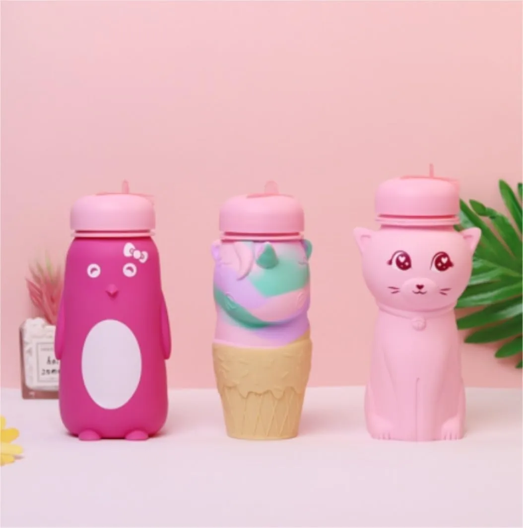 Water Bottle Cartoon Kettle Portable Anti-Fall and Leak-Proof Silicone Folding Water Cup Outdoor Sports Cup(Green Little Devil Bottle)