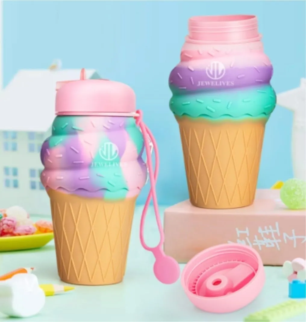 Water Bottle Cartoon Kettle Portable Anti-Fall and Leak-Proof Silicone Folding Water Cup Outdoor Sports Cup(Green Little Devil Bottle)
