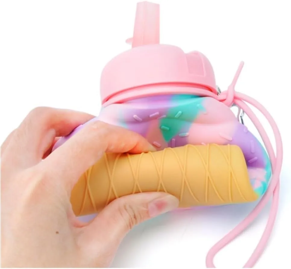 Water Bottle Cartoon Kettle Portable Anti-Fall and Leak-Proof Silicone Folding Water Cup Outdoor Sports Cup(Green Little Devil Bottle)