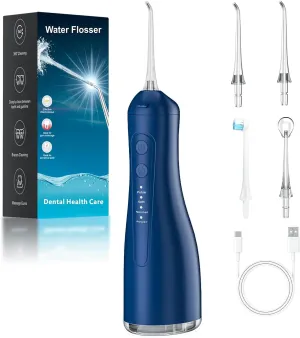 Water Dental Flosser for Teeth, 4 Modes Rechargeable Cordless Oral Irrigator 300ML Water Tank IPX7 Waterproof Portable Electric Flossers for Deep Cleaning and Gum Care, Home Travel Use, Blue