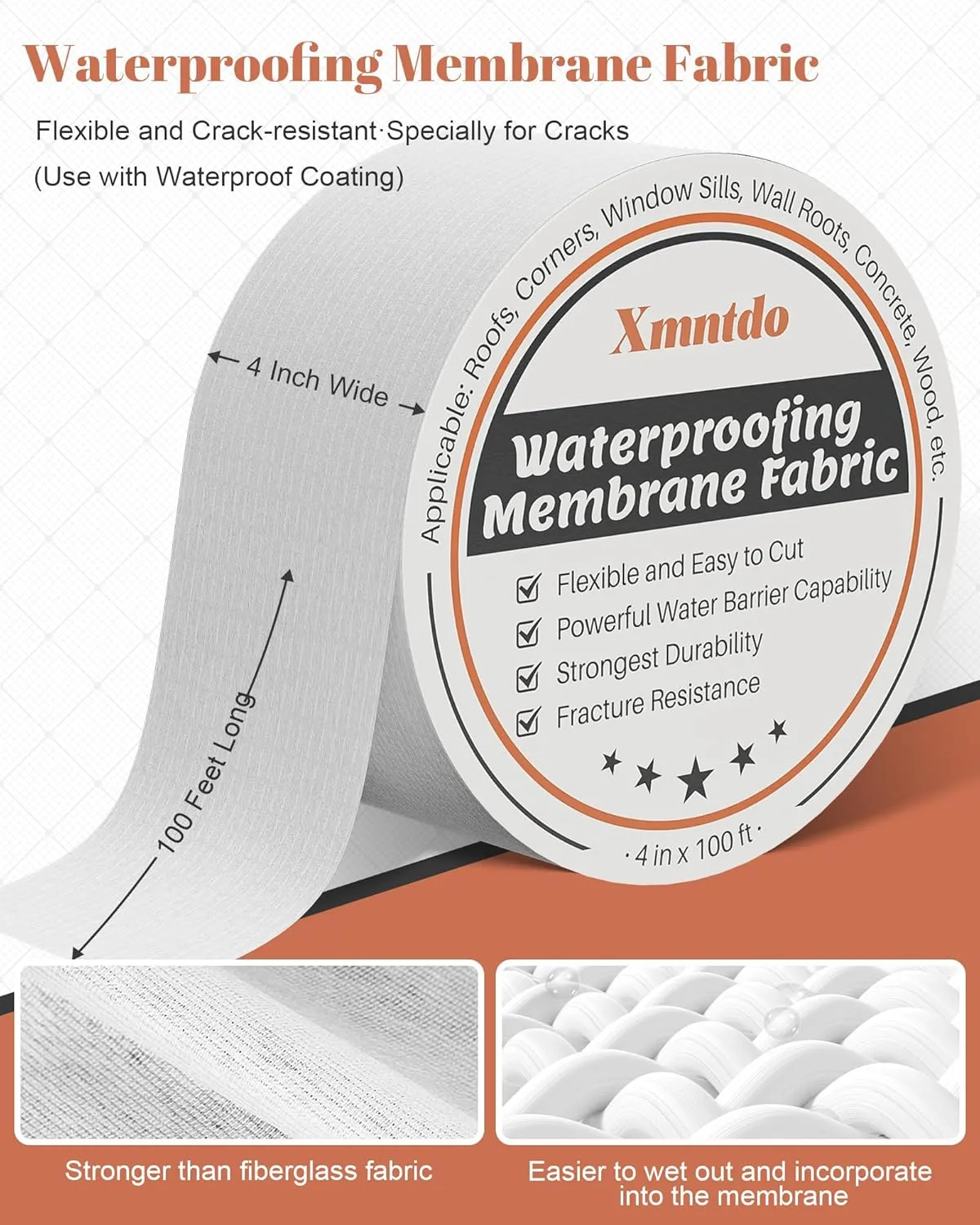 Waterproof Membrane Polyester Fabric 4 Inches x 100 Feet, Anti Fracture Membrane Fabric Sheet, Non-Adhesive - Fixing Leaks & Reinforcing Seams,Cracks,Vents,Skylights,Shower Walls, Easy to Use