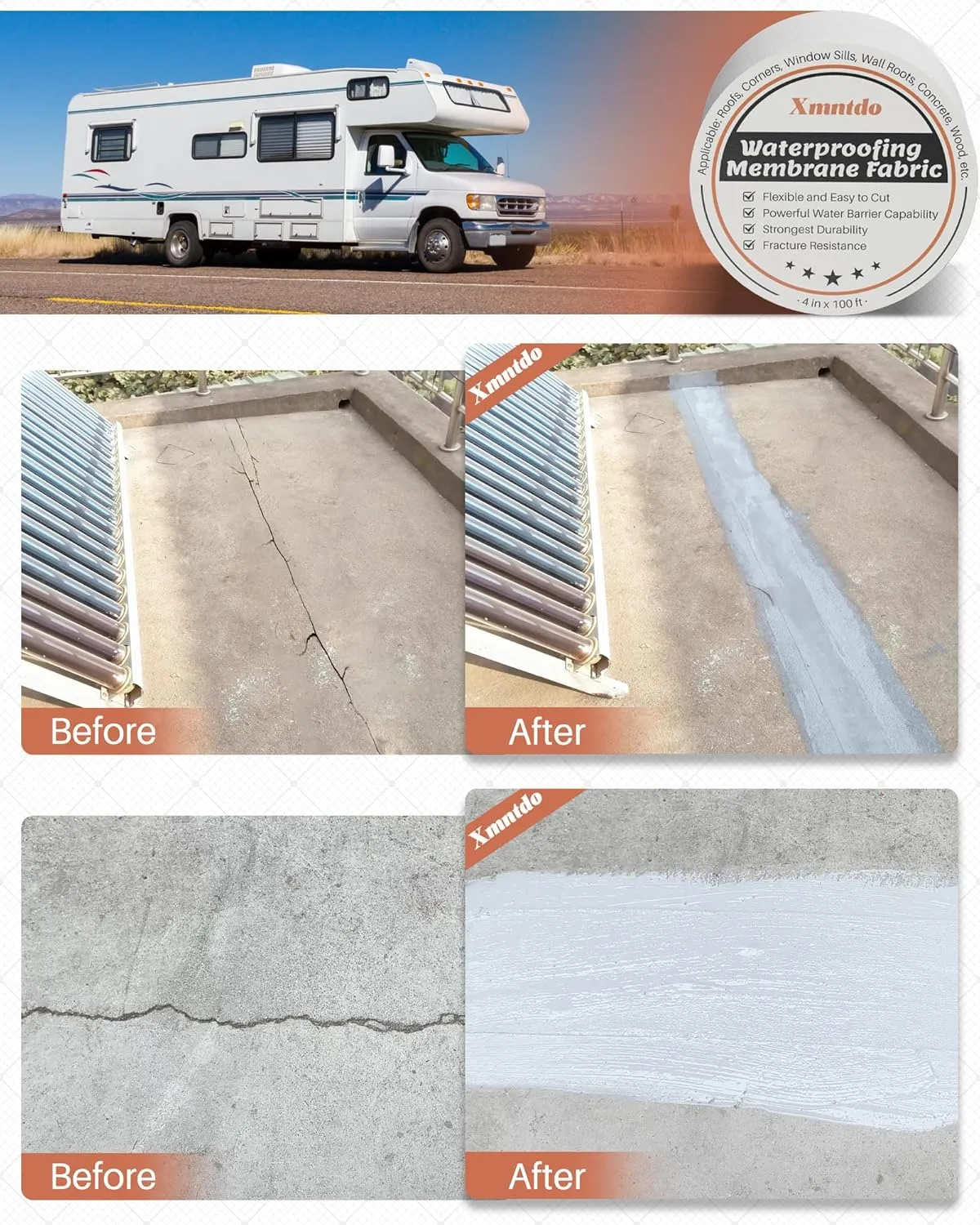 Waterproof Membrane Polyester Fabric 4 Inches x 100 Feet, Anti Fracture Membrane Fabric Sheet, Non-Adhesive - Fixing Leaks & Reinforcing Seams,Cracks,Vents,Skylights,Shower Walls, Easy to Use