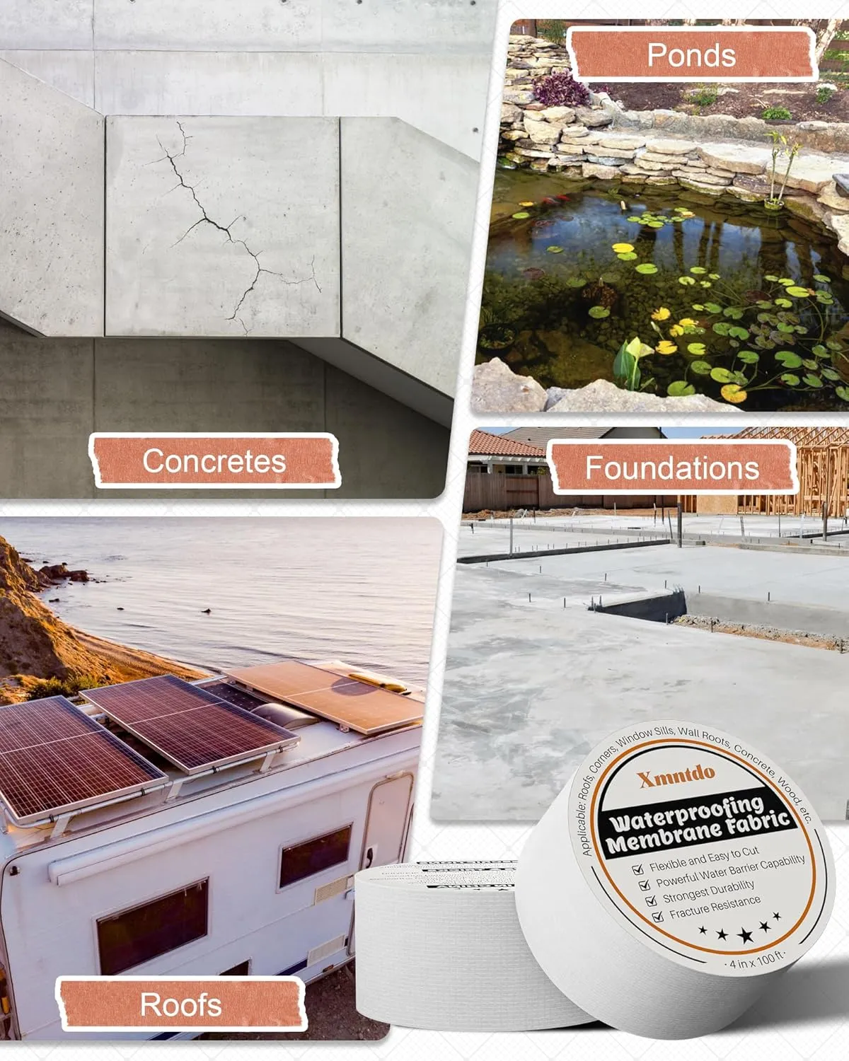 Waterproof Membrane Polyester Fabric 4 Inches x 100 Feet, Anti Fracture Membrane Fabric Sheet, Non-Adhesive - Fixing Leaks & Reinforcing Seams,Cracks,Vents,Skylights,Shower Walls, Easy to Use