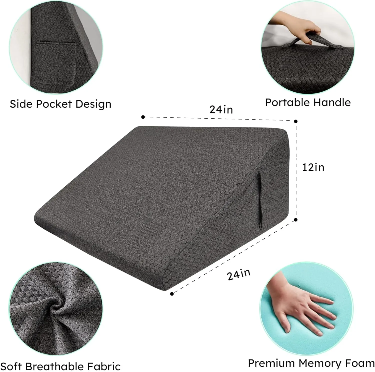Wedge Pillow for Sleeping, 12 inch Elevated Support Bed Wedge Pillow, Breathable Triangle Pillow Wedge with Cooling Memory Foam Top - Removable Washable Cover, Black