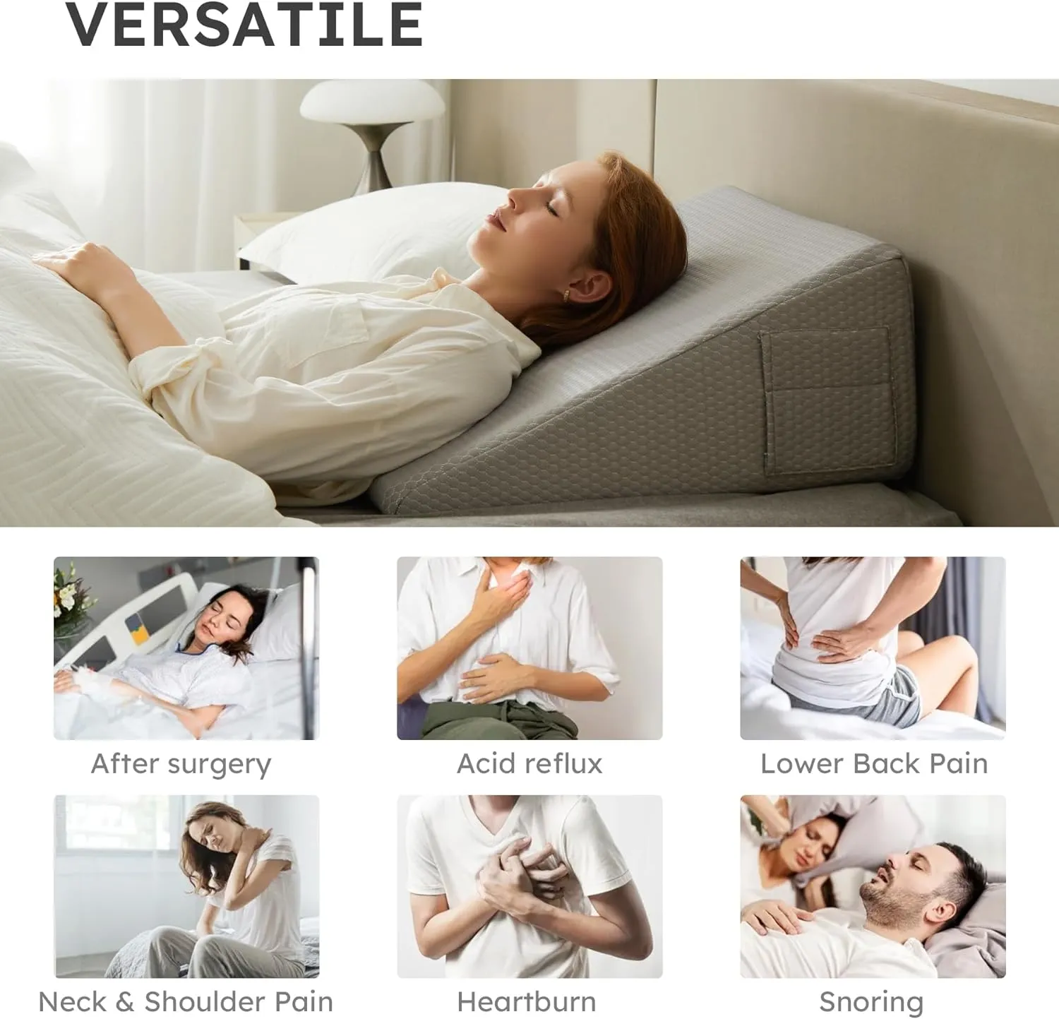 Wedge Pillow for Sleeping, 12 inch Elevated Support Bed Wedge Pillow, Breathable Triangle Pillow Wedge with Cooling Memory Foam Top - Removable Washable Cover, Grey