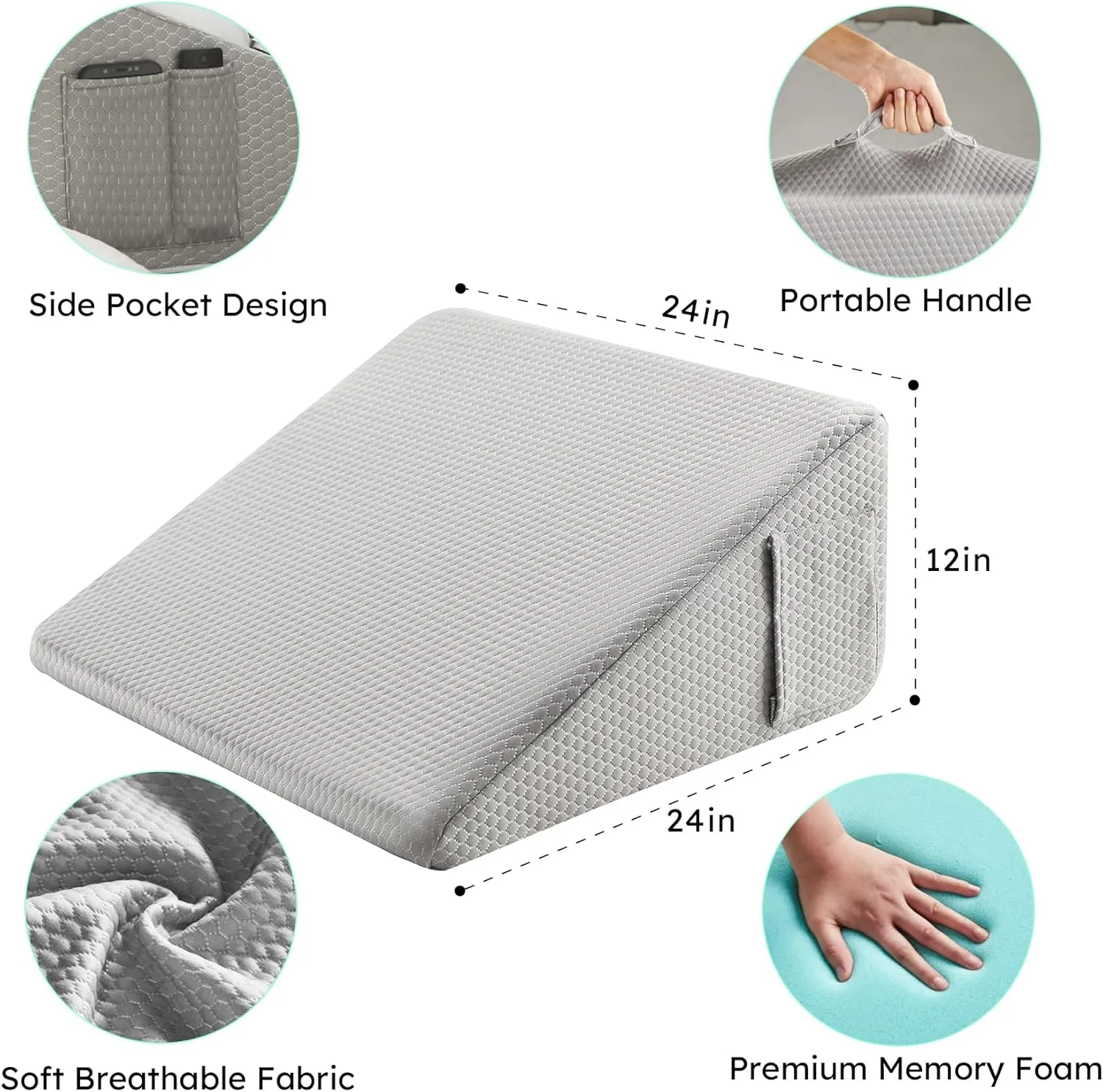 Wedge Pillow for Sleeping, 12 inch Elevated Support Bed Wedge Pillow, Breathable Triangle Pillow Wedge with Cooling Memory Foam Top - Removable Washable Cover, Grey