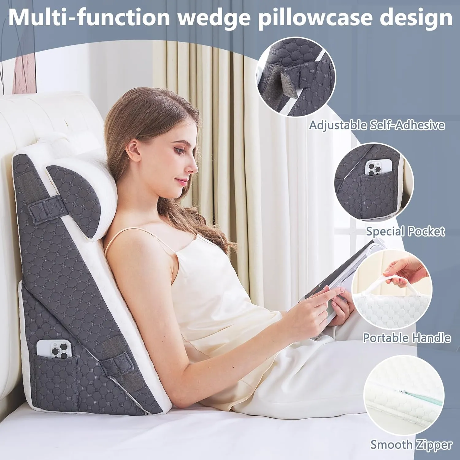 Wedge Pillow for Sleeping, 4PCS Bed Pillow for Side Sleeping, L29 x H22 Body Pillow with Memory Foam, Dark Grey