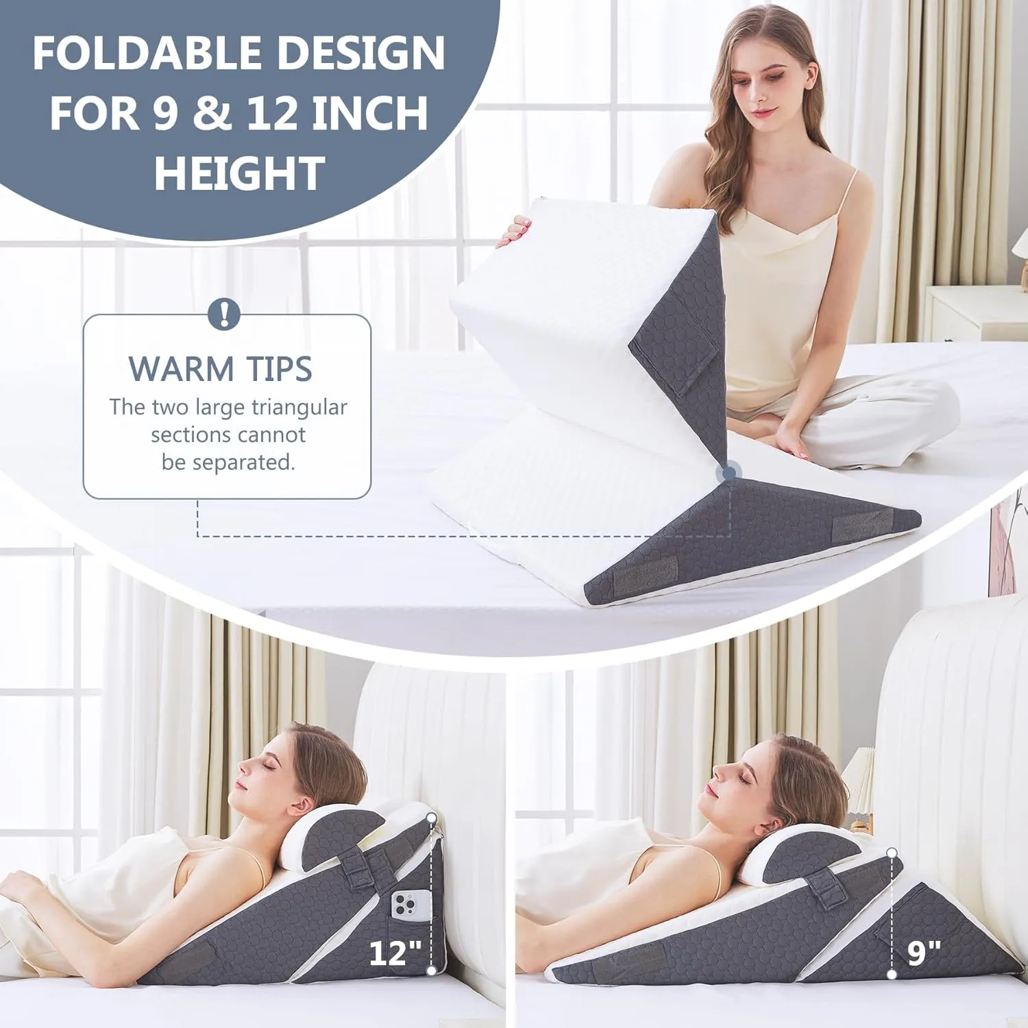 Wedge Pillow for Sleeping, 4PCS Bed Pillow for Side Sleeping, L29 x H22 Body Pillow with Memory Foam, Dark Grey