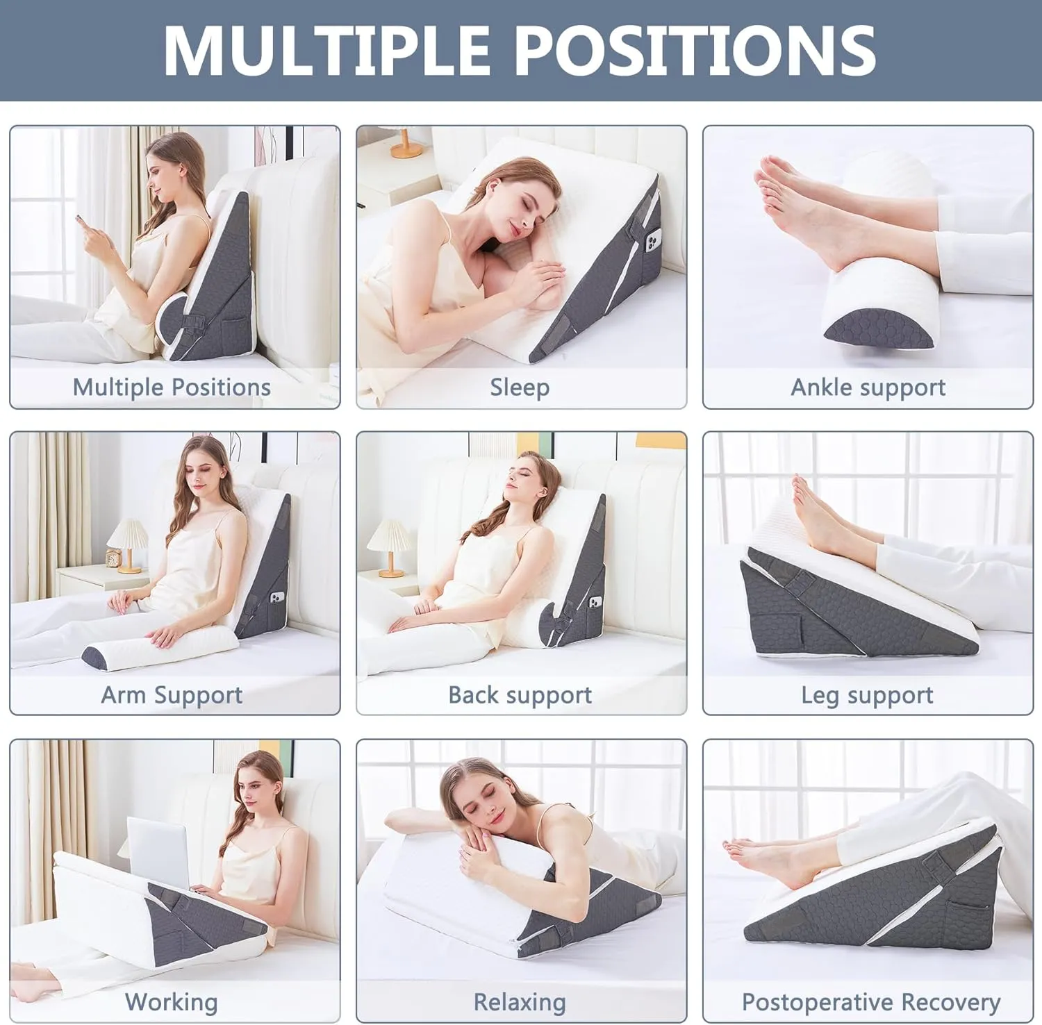 Wedge Pillow for Sleeping, 4PCS Bed Pillow for Side Sleeping, L29 x H22 Body Pillow with Memory Foam, Dark Grey