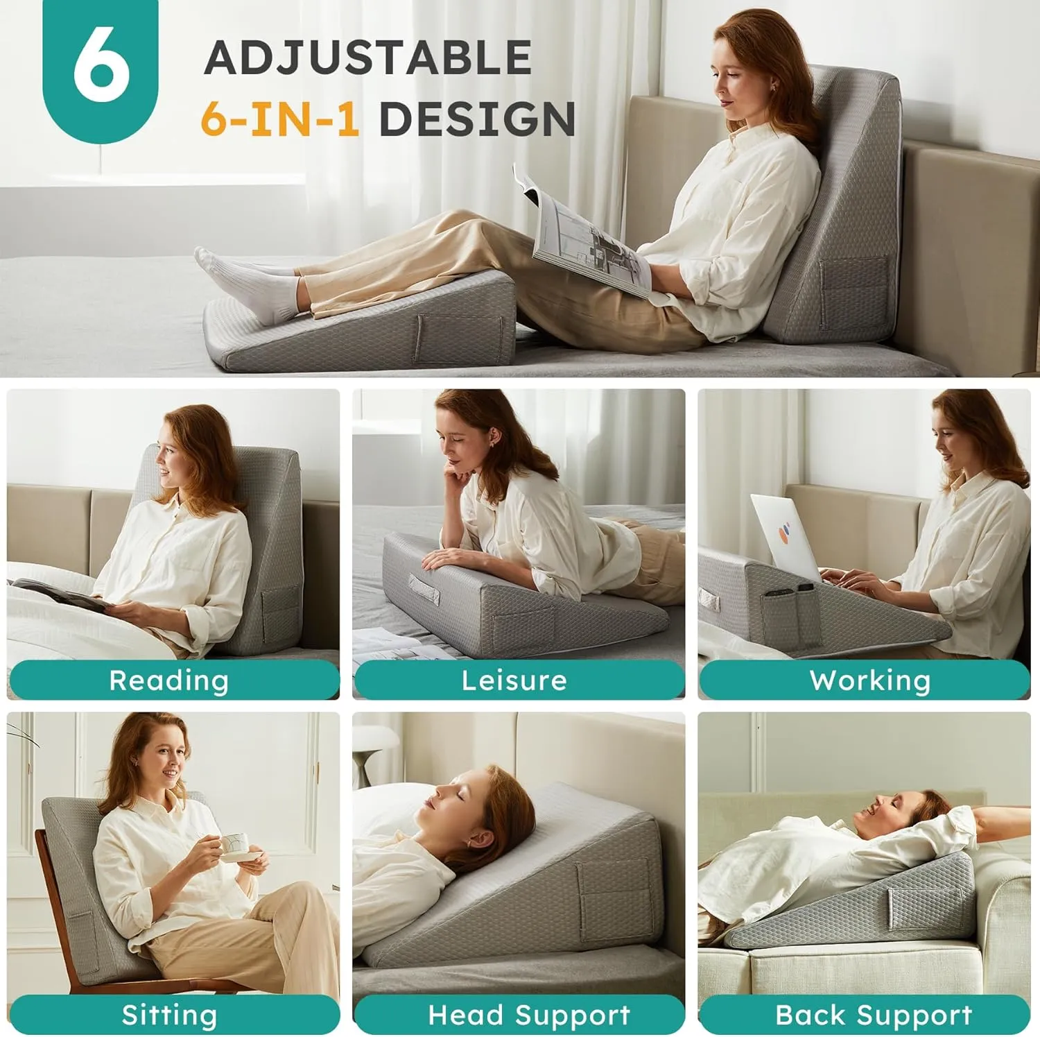 Wedge Pillow for Sleeping, 8 inch Elevated Support Bed Wedge Pillow, Breathable Triangle Pillow Wedge with Cooling Memory Foam Top - Removable Washable Cover, Grey
