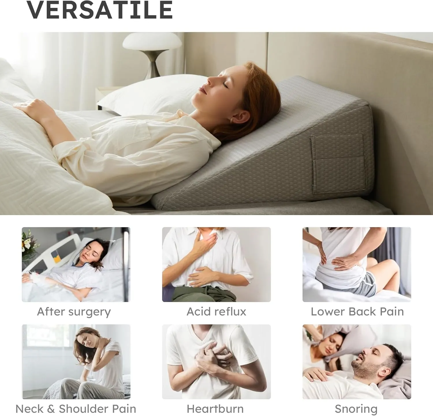 Wedge Pillow for Sleeping, 8 inch Elevated Support Bed Wedge Pillow, Breathable Triangle Pillow Wedge with Cooling Memory Foam Top - Removable Washable Cover, Grey