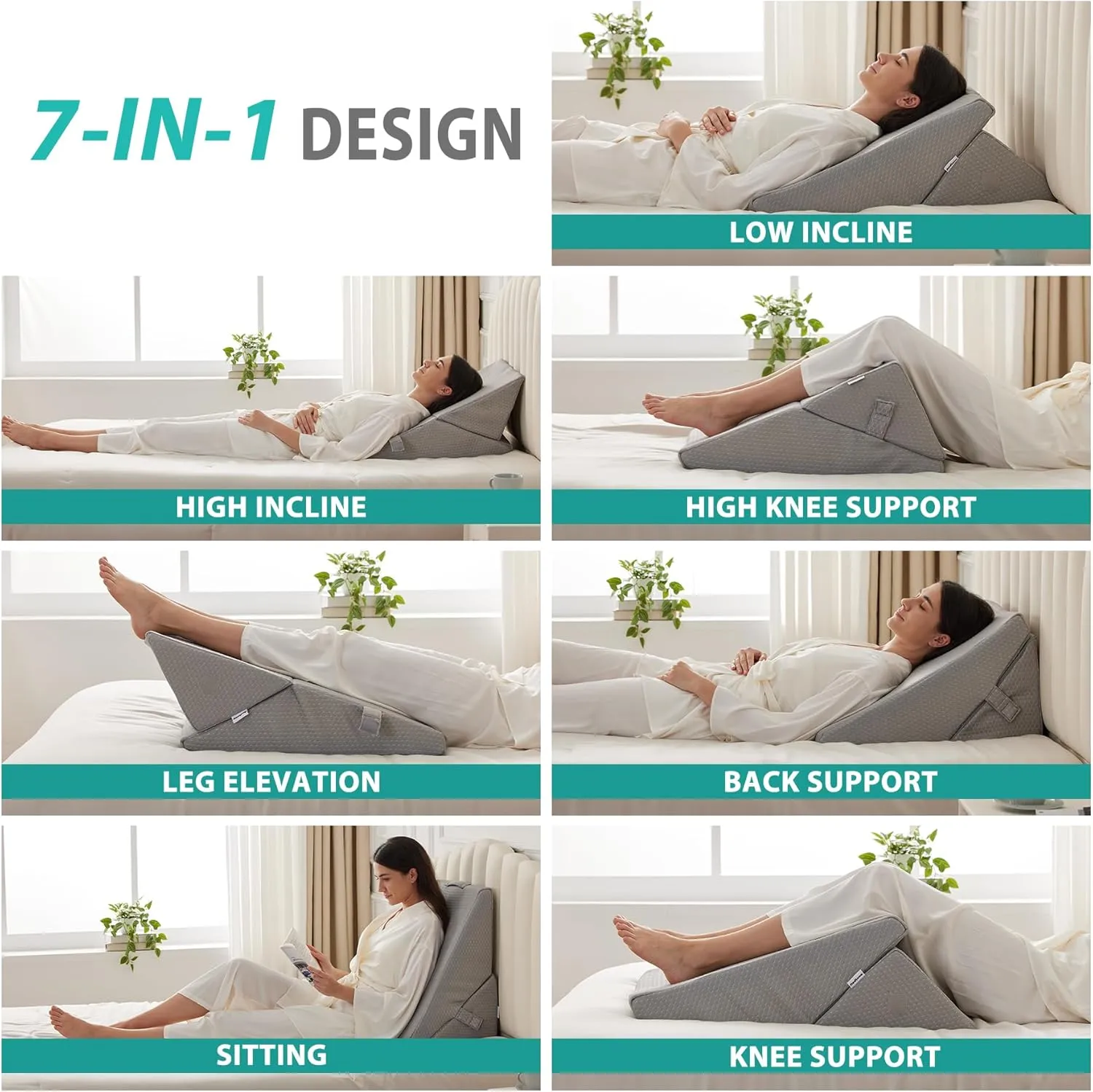 Wedge Pillow for Sleeping, Adjustable 9&12 Inch Foldable Bed Wedge Pillow Set, Orthopedic Memory Foam Triangle Pillows Wedge, 7-in-1 Elevated Pillows for Leg and Back Support, Grey