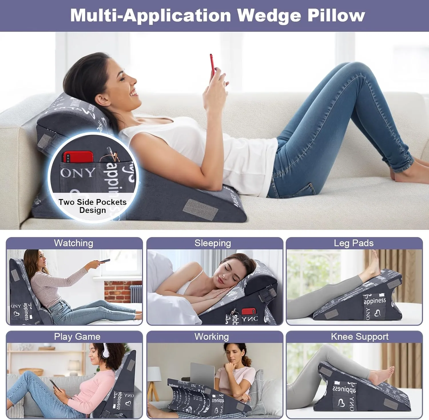 Wedge Pillow Headboard for Sleeping, 12" Bed Wedge Pillow Set for Acid Reflux, GERD, Back Pain Relief, Soft Memory Foam Top for After Surgery, Removable Cover with Positive Energy Words