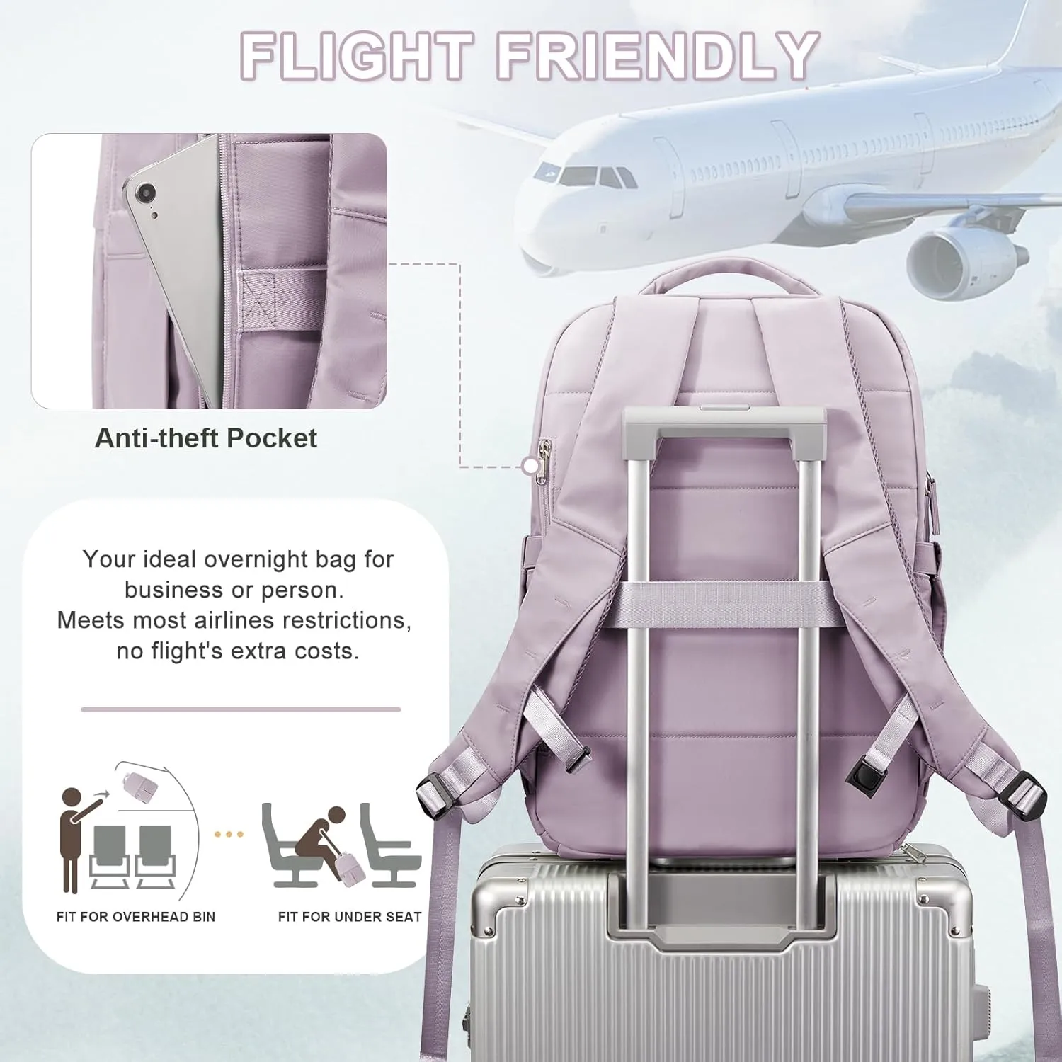 wepadre Mochila De Viaje Travel Backpack Carry On Flight Approved Large Travel Backpack For Men Women Carry On Backpack For Airplanes Personal Item Travel Bag 18x14x8 Inches Travel Bag Purple